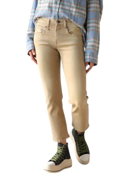 R13 Boy Straight Women Jeans 30 Khaki Stretch Faded Whiskers Cropped