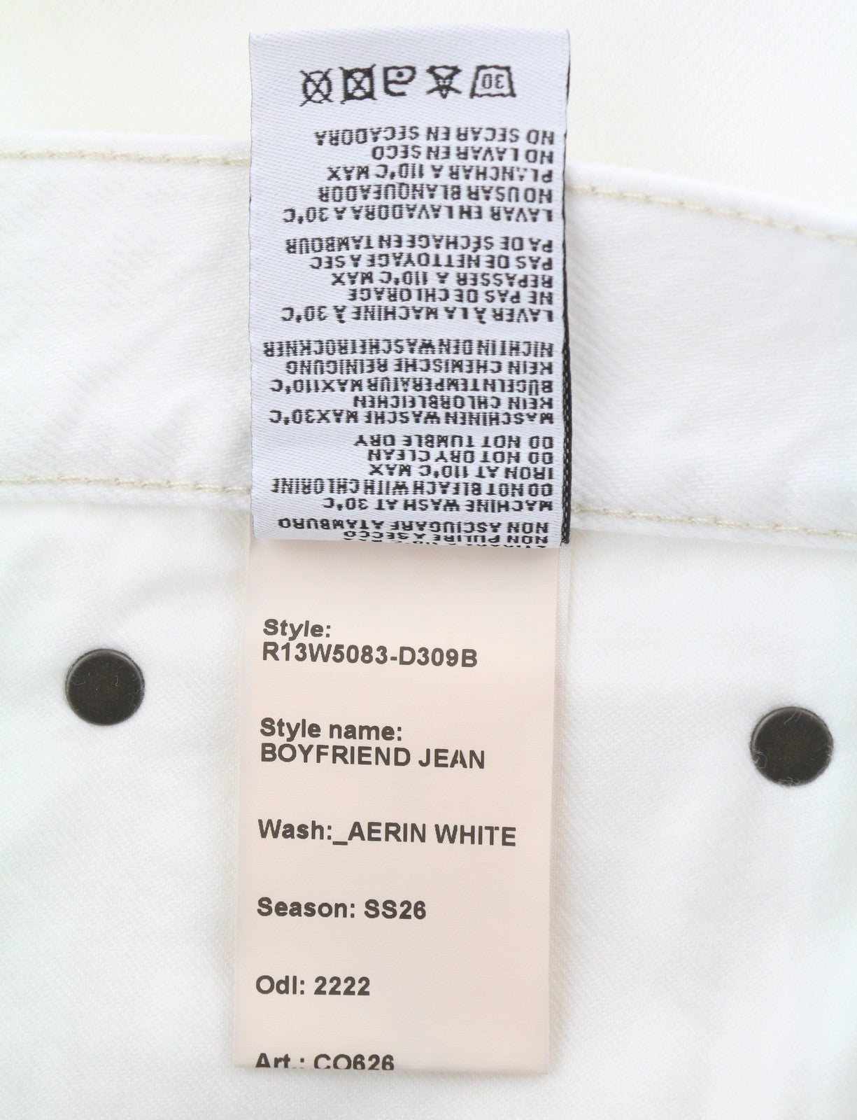 R13 Boyfriend Women Jeans 29 Aerin White High Rise Straight Cropped SS26
