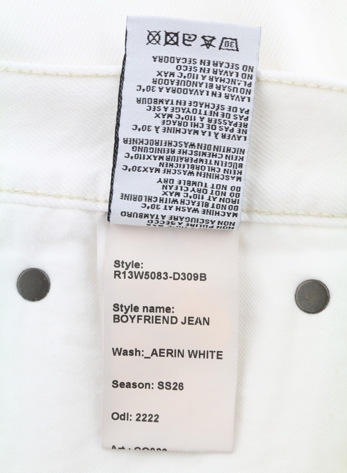 R13 Boyfriend Women Jeans 26 Aerin White High Rise Straight Cropped SS26