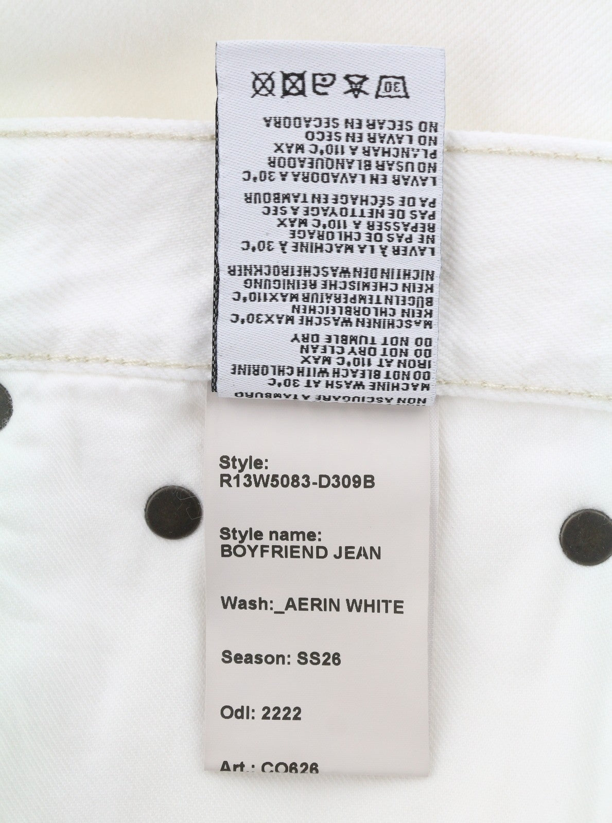 R13 Boyfriend Women Jeans 25 Aerin White High Rise Straight Cropped SS26