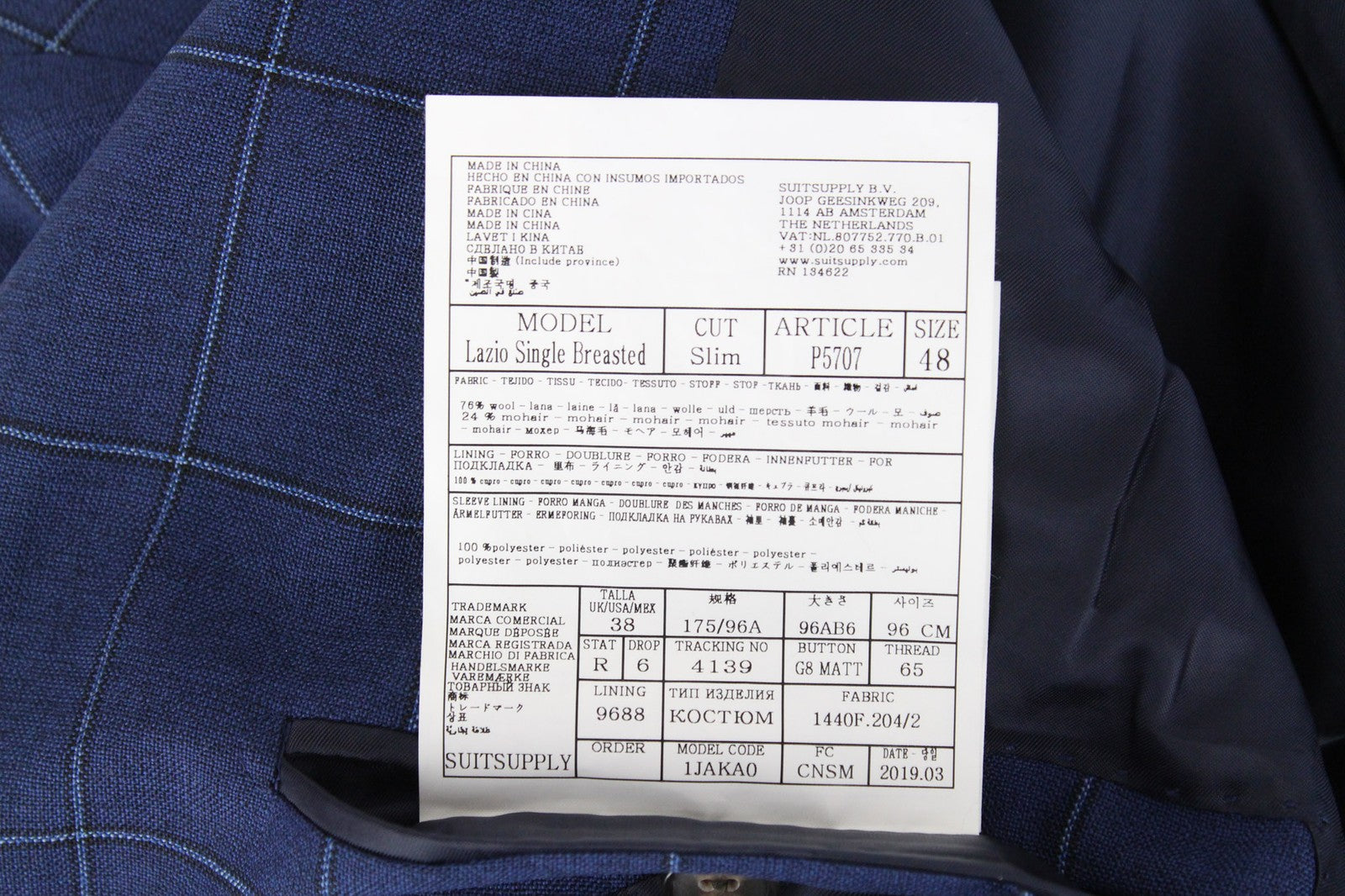 SUITSUPPLY Lazio Men Suit UK38R Blue Slim Windowpane Check 2-Piece Wool Mohair