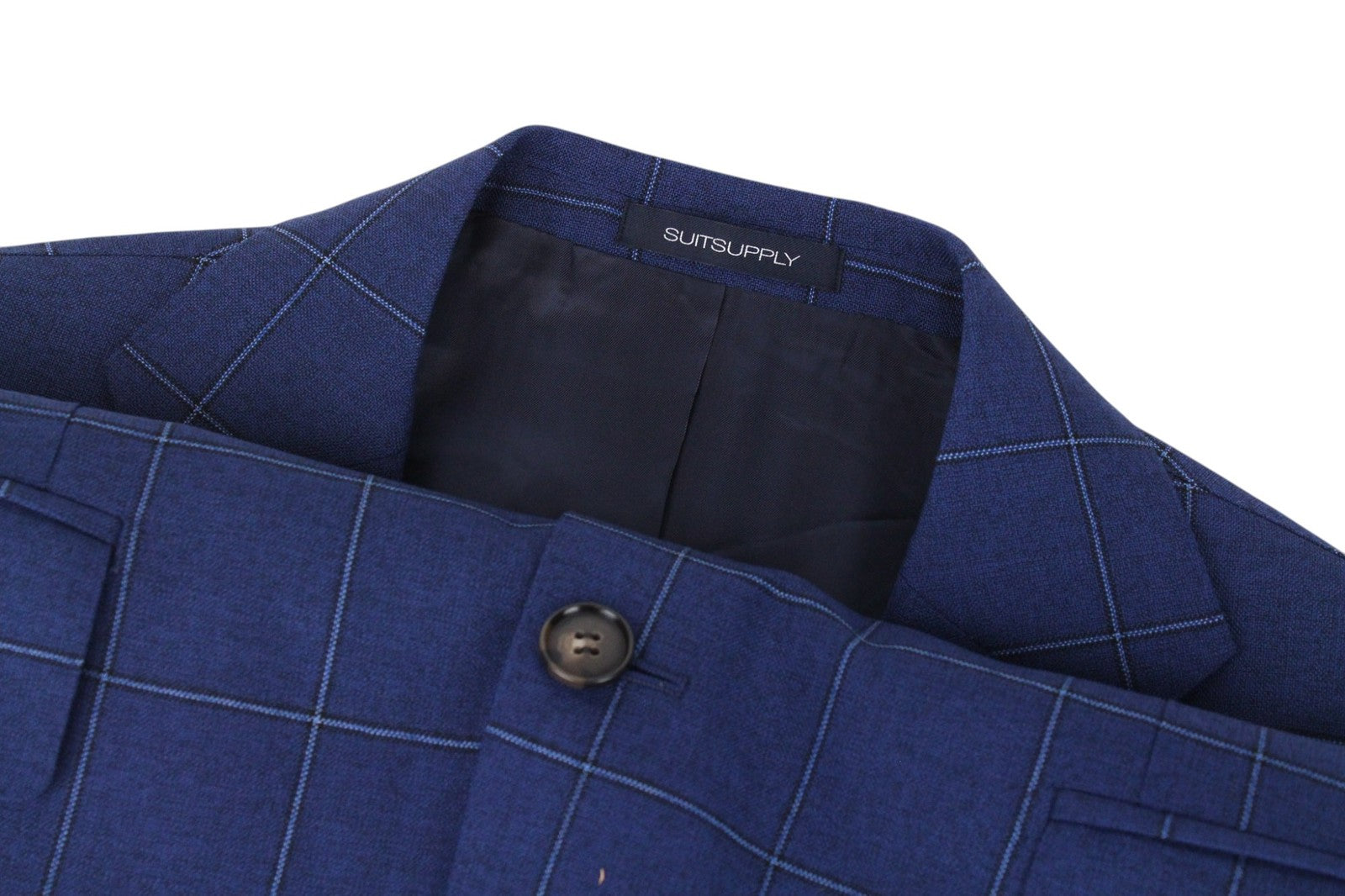 SUITSUPPLY Lazio Men Suit UK38R Blue Slim Windowpane Check 2-Piece Wool Mohair