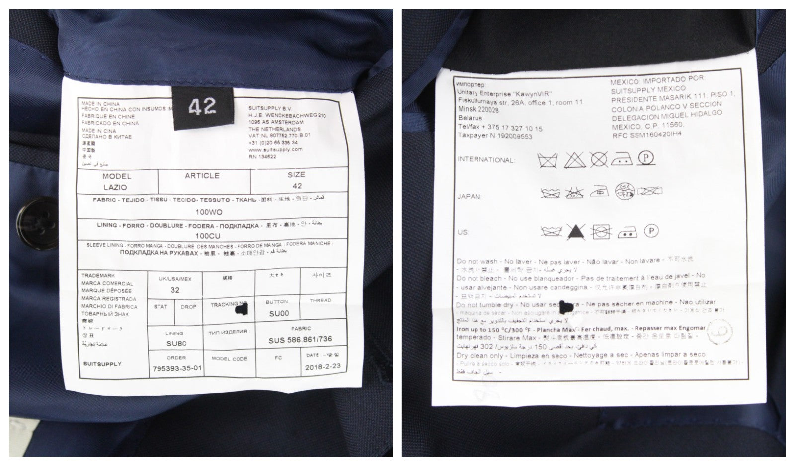 SUITSUPPLY Lazio Men Suit UK32 Navy Slim Cut Melange 3-Piece Perennial Wool