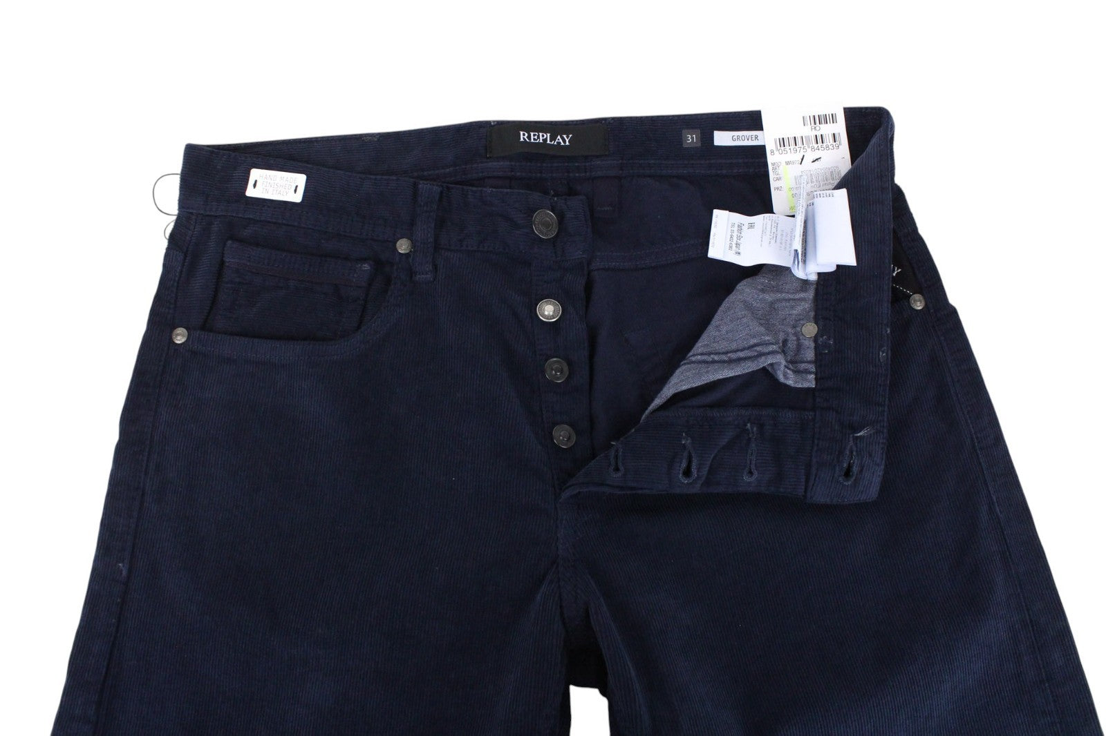 REPLAY Grover Men Trousers W31/L34 Blue Straight Fit Corduroy Velvet Stretch