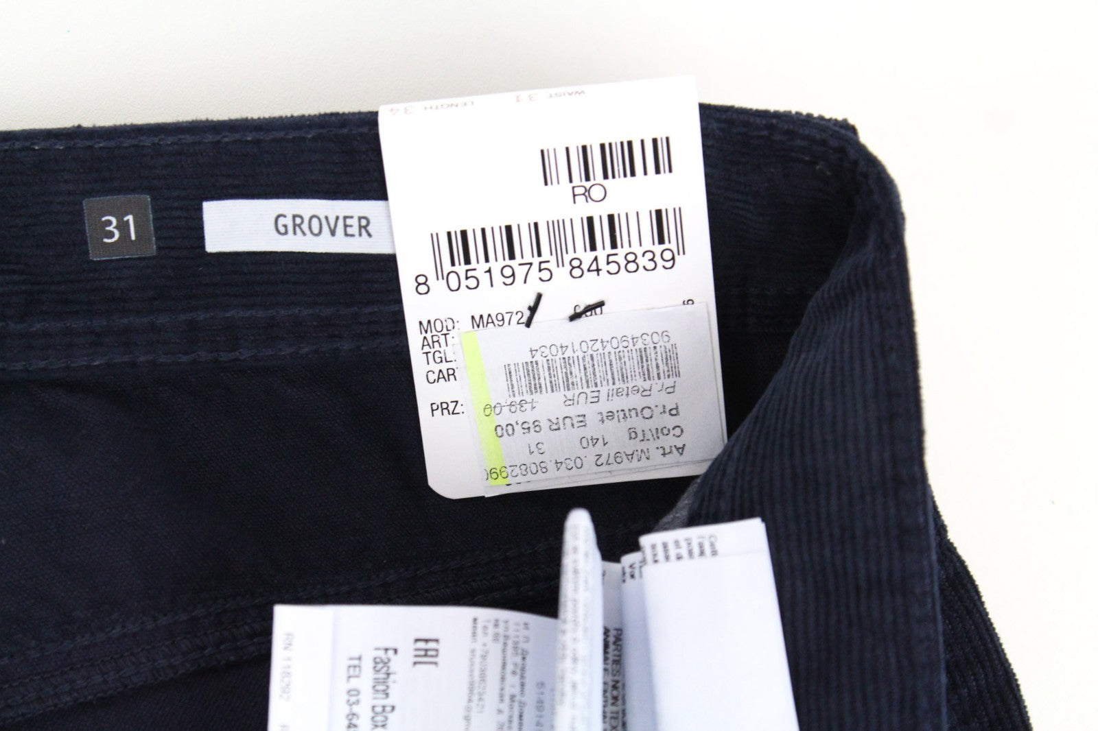 REPLAY Grover Men Trousers W31/L34 Blue Straight Fit Corduroy Velvet Stretch