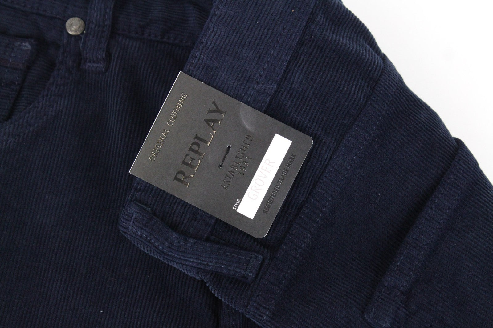REPLAY Grover Men Trousers W31/L34 Blue Straight Fit Corduroy Velvet Stretch