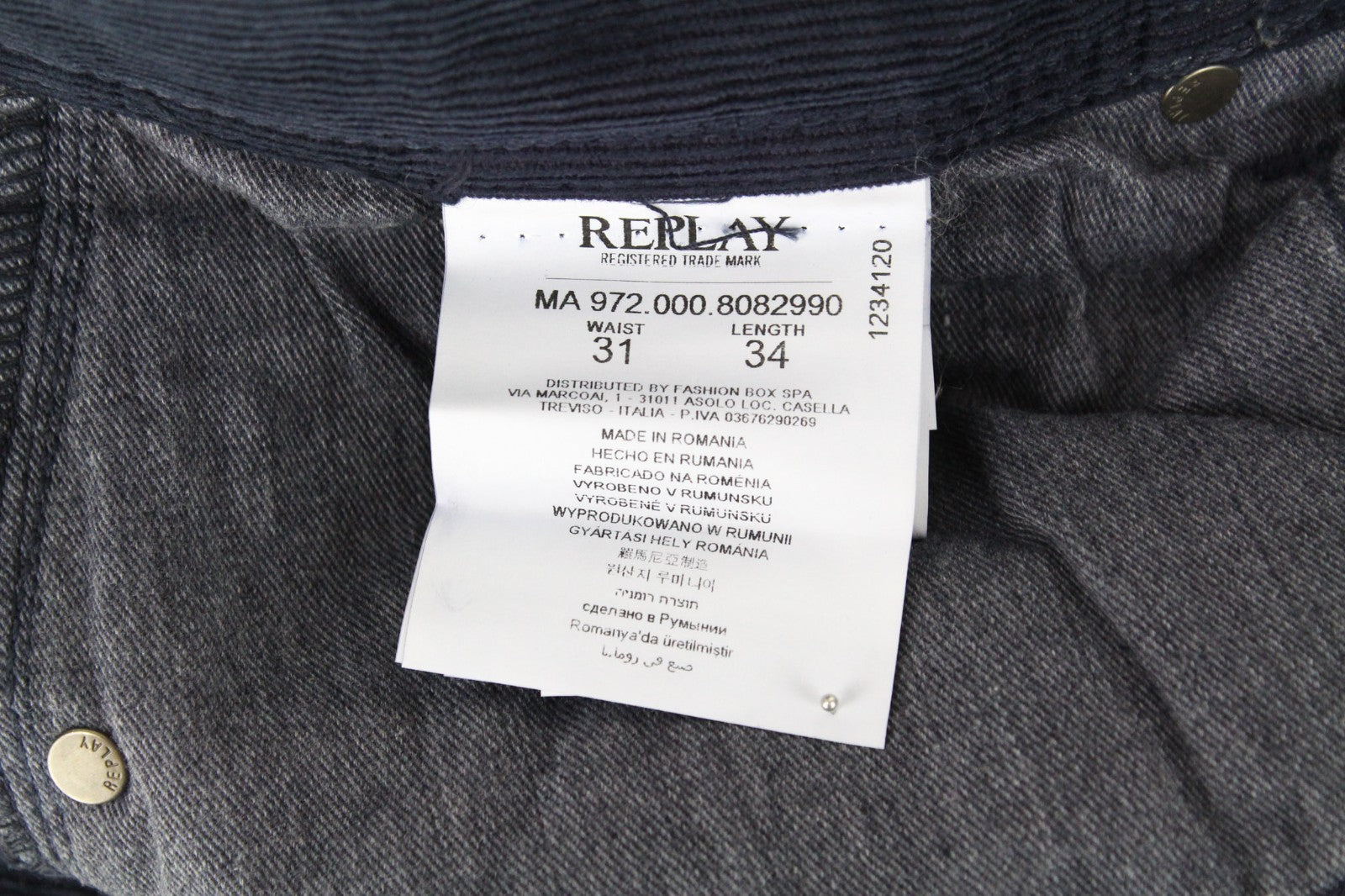 REPLAY Grover Men Trousers W31/L34 Blue Straight Fit Corduroy Velvet Stretch