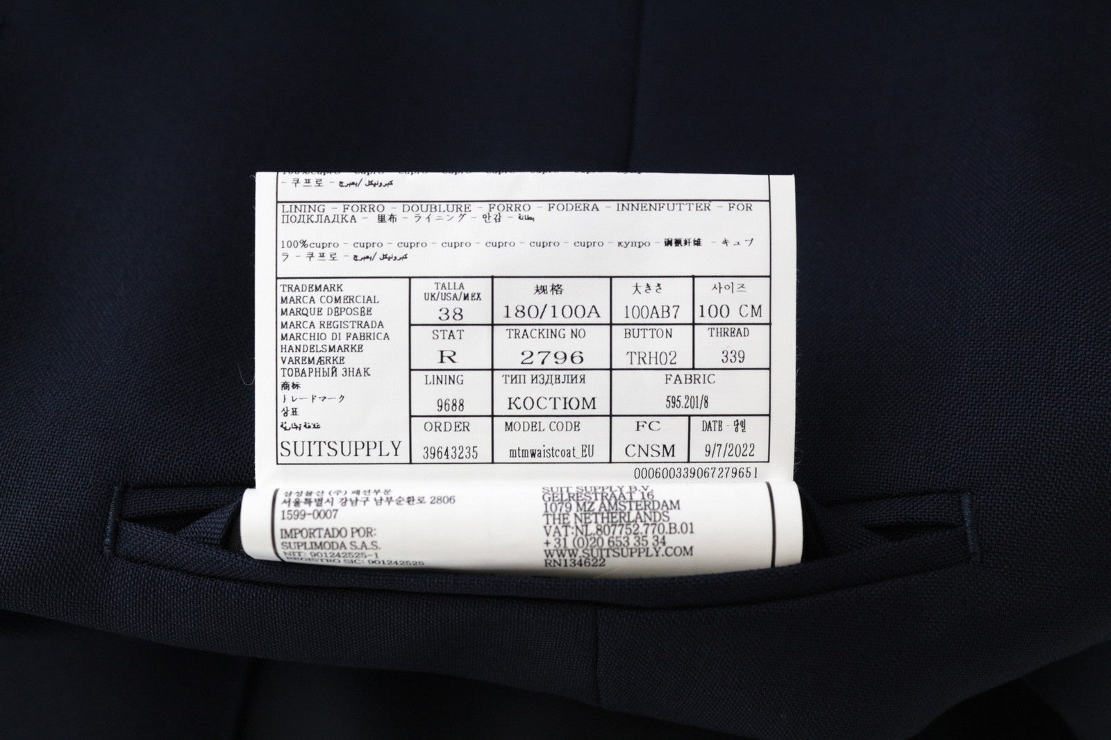 SUITSUPPLY La Spalla Men Suit UK38R Single-Breasted Blue Pure Wool 3 Piece