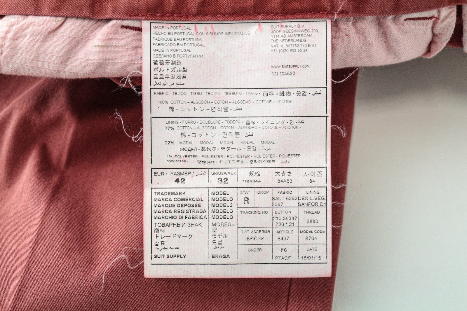 SUITSUPPLY Men Trousers UK32R Red Cotton Blend Pleated Front Button-Fly Chino