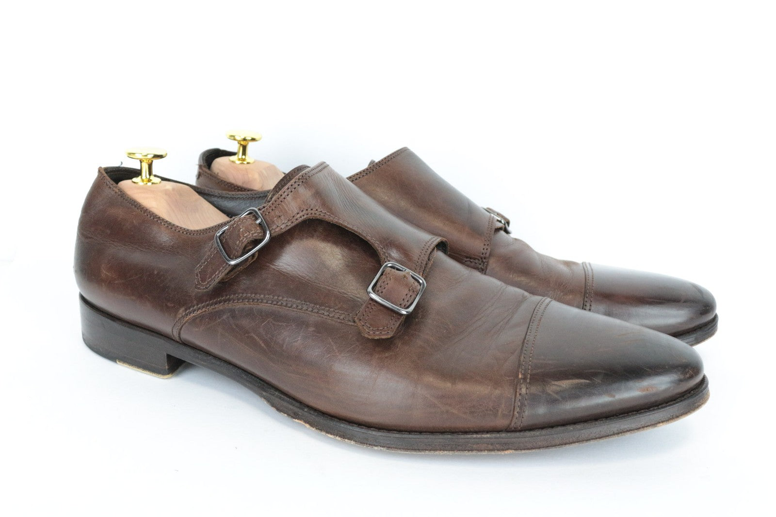 SUITSUPPLY Men Casual Shoes EU45 Brown Leather Double-Buckled Classic Low-Top