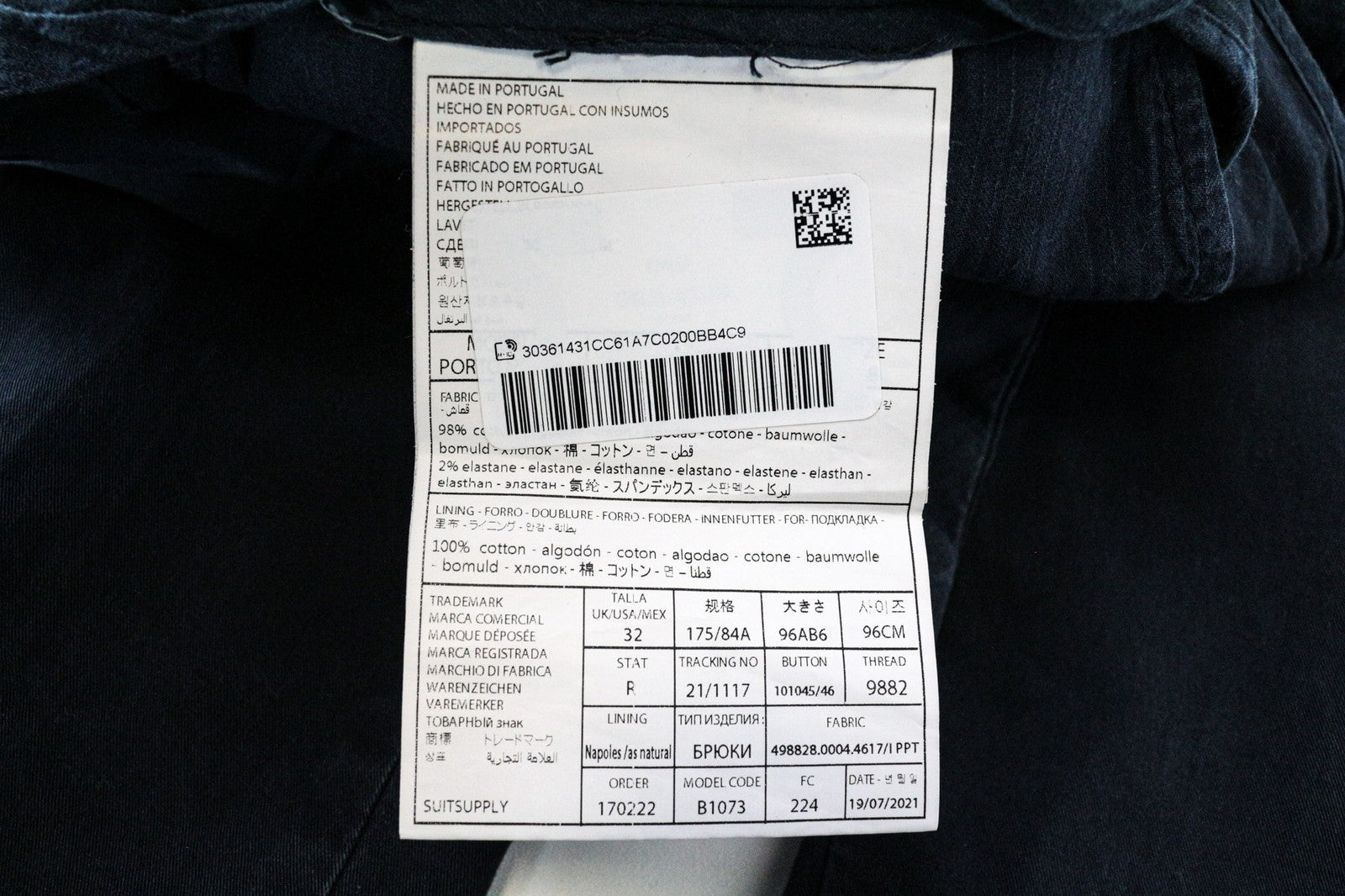 SUITSUPPLY Porto Novo Men Trousers UK32R Navy Flat-Front Stretch Chino Slim