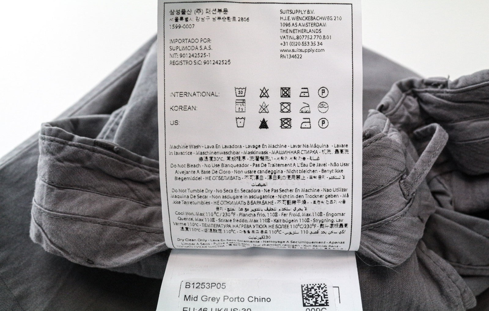 SUITSUPPLY Porto Novo Men Trousers UK30R Cotton Stretch Grey Pleated Chino