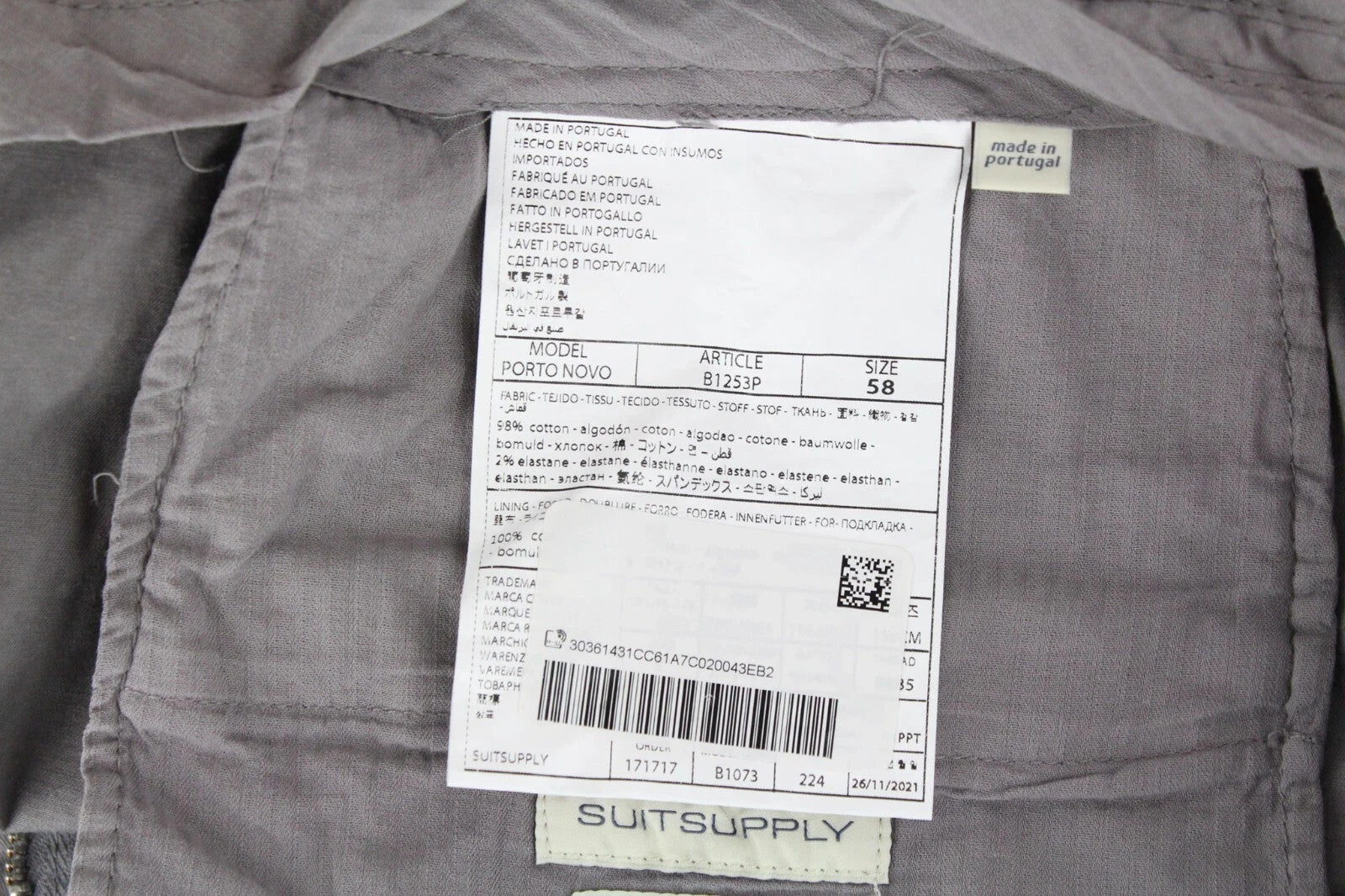 SUITSUPPLY Porto Novo Men Trousers UK42R Grey Cotton Stretch Pleat Casual Chino
