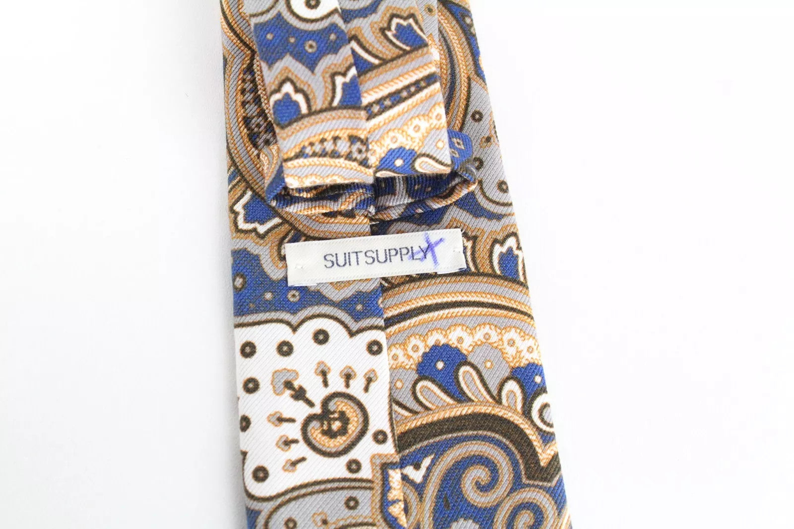 SUITSUPPLY Men Tie ~150 x 8 cm Blue Beige Patterned Cotton Silk Pointed-End
