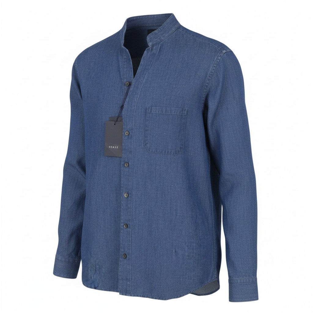 SEASE TN690 Fish Tail Men Shirt XL Mid Denim Blue Button-Up Linen Blend RRP510