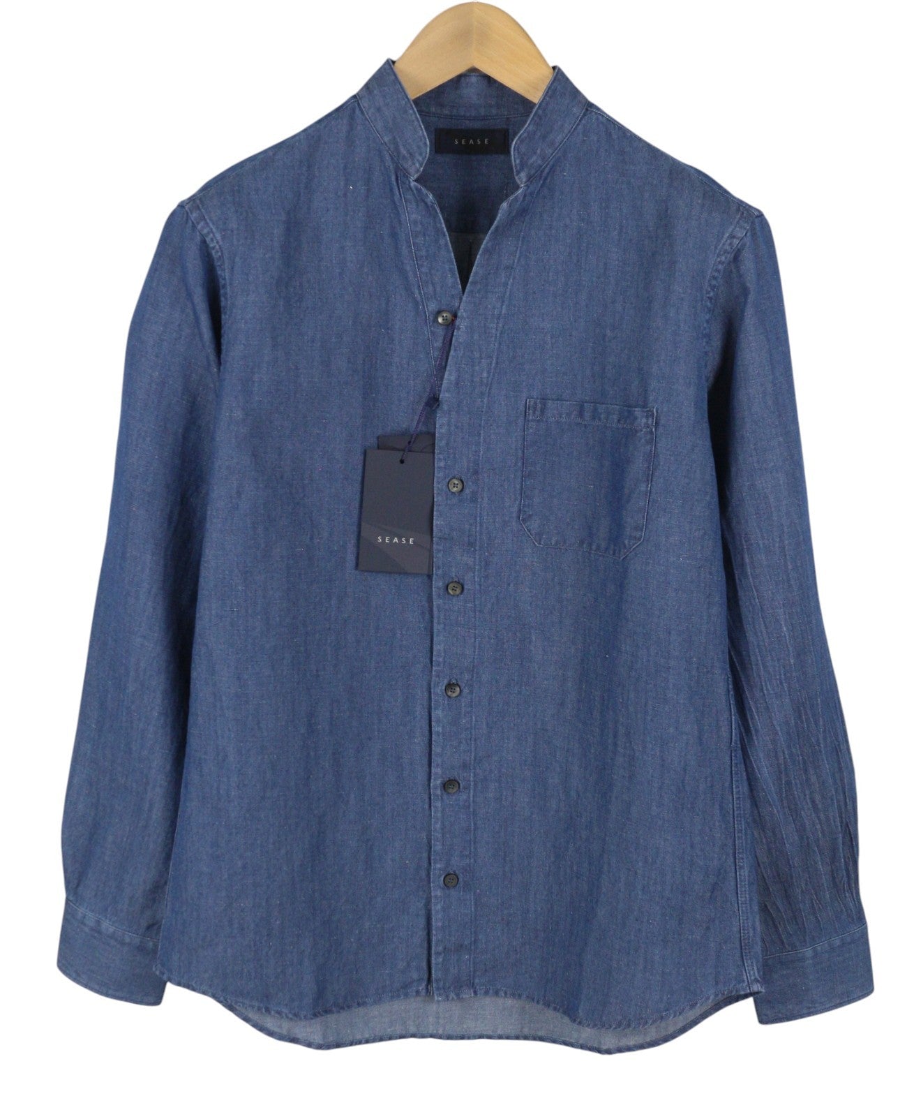 SEASE TN690 Fish Tail Men Shirt M Mid Denim Blue Button-Up Linen Blend RRP510