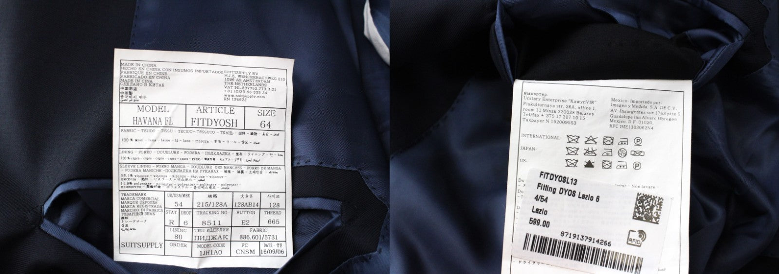 SUITSUPPLY Havana Blueline Men Suit UK54R Pure Wool Blue Classic Lined 3 Piece