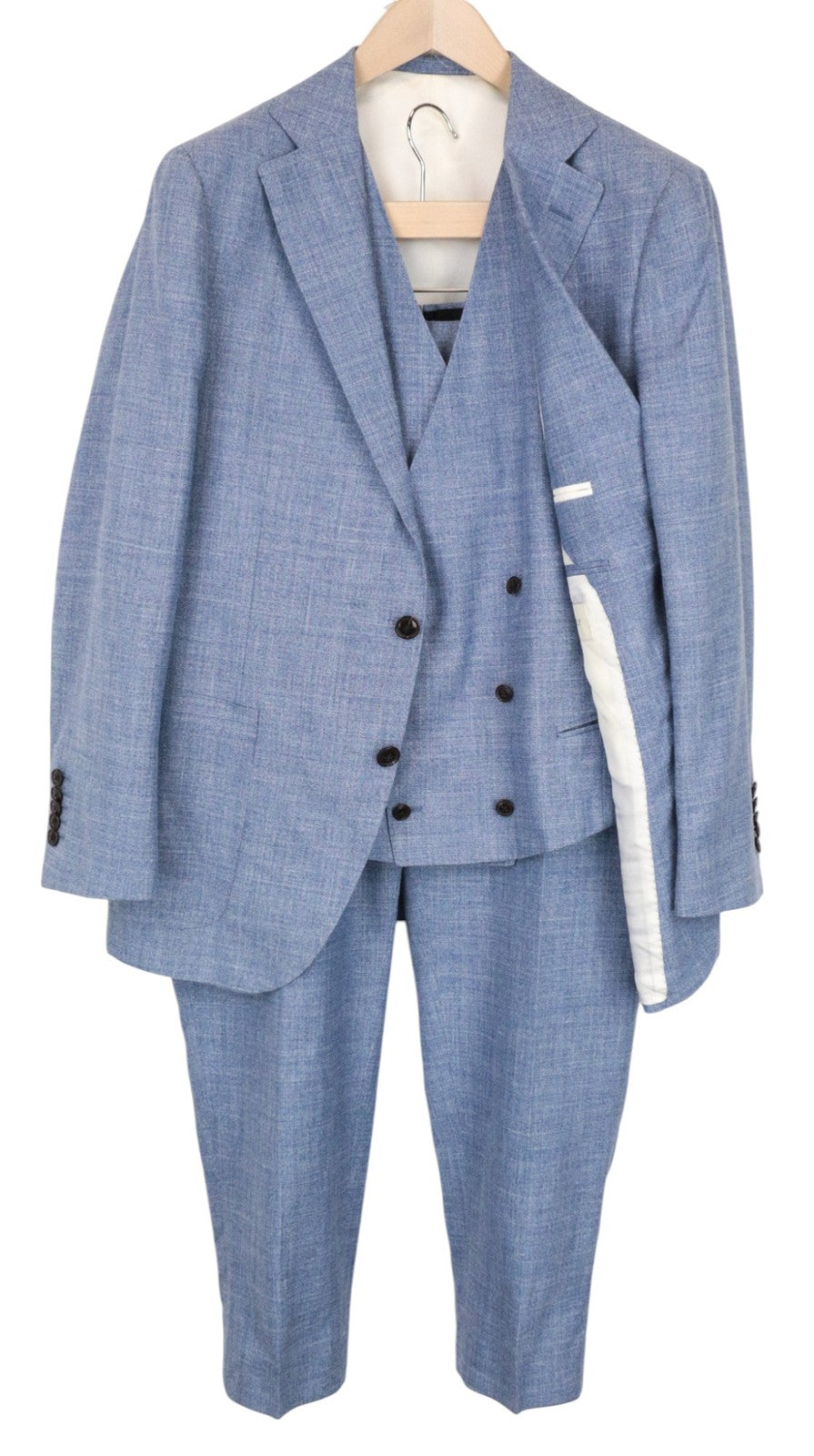 SUITSUPPLY La Spalla Men Suit UK40S Blue 3-Piece Slim Melange Wool Silk Linen