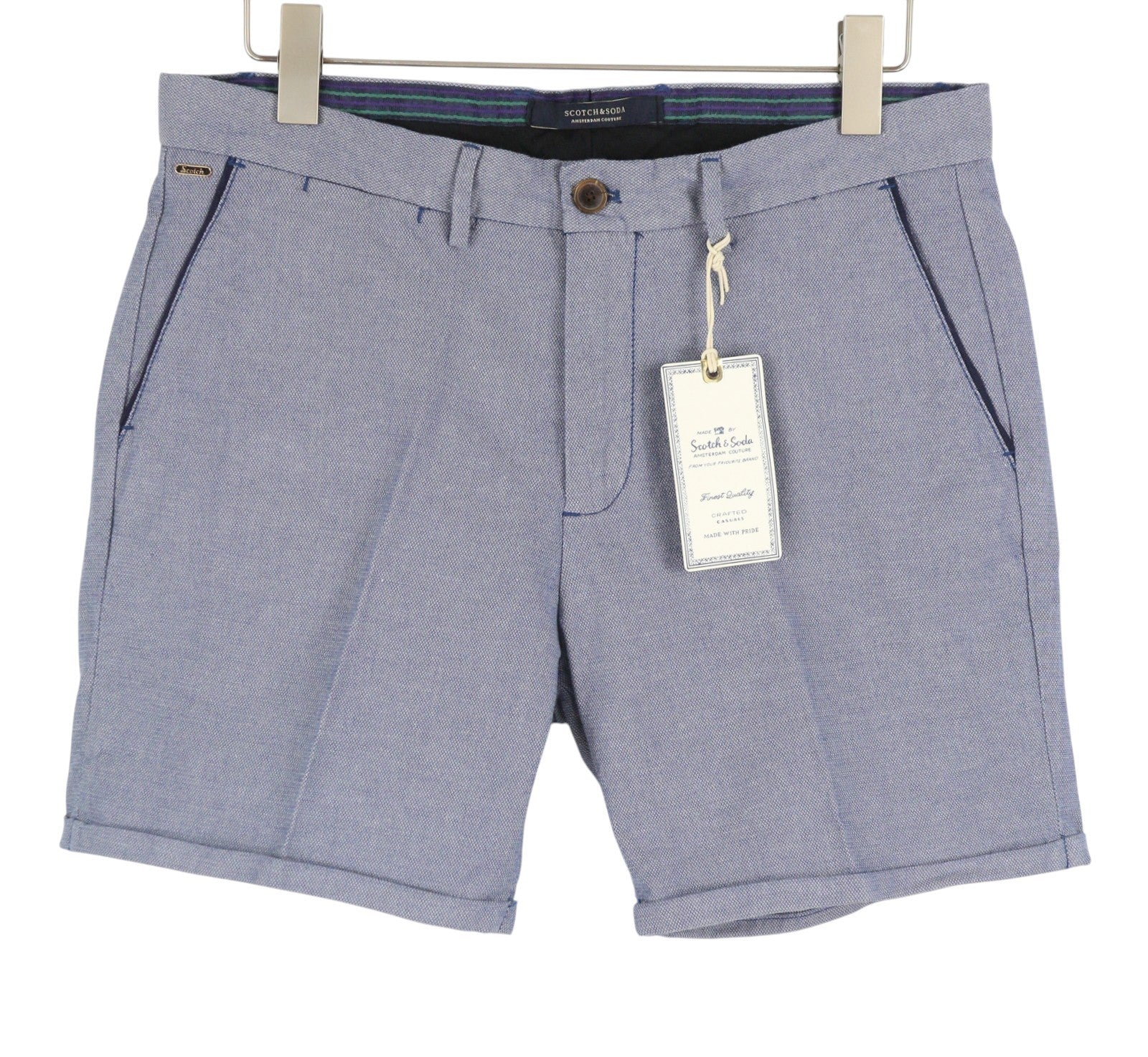 SCOTCH & SODA Men Shorts W34 Blue Patterned Zip Fly Turn Up Chino