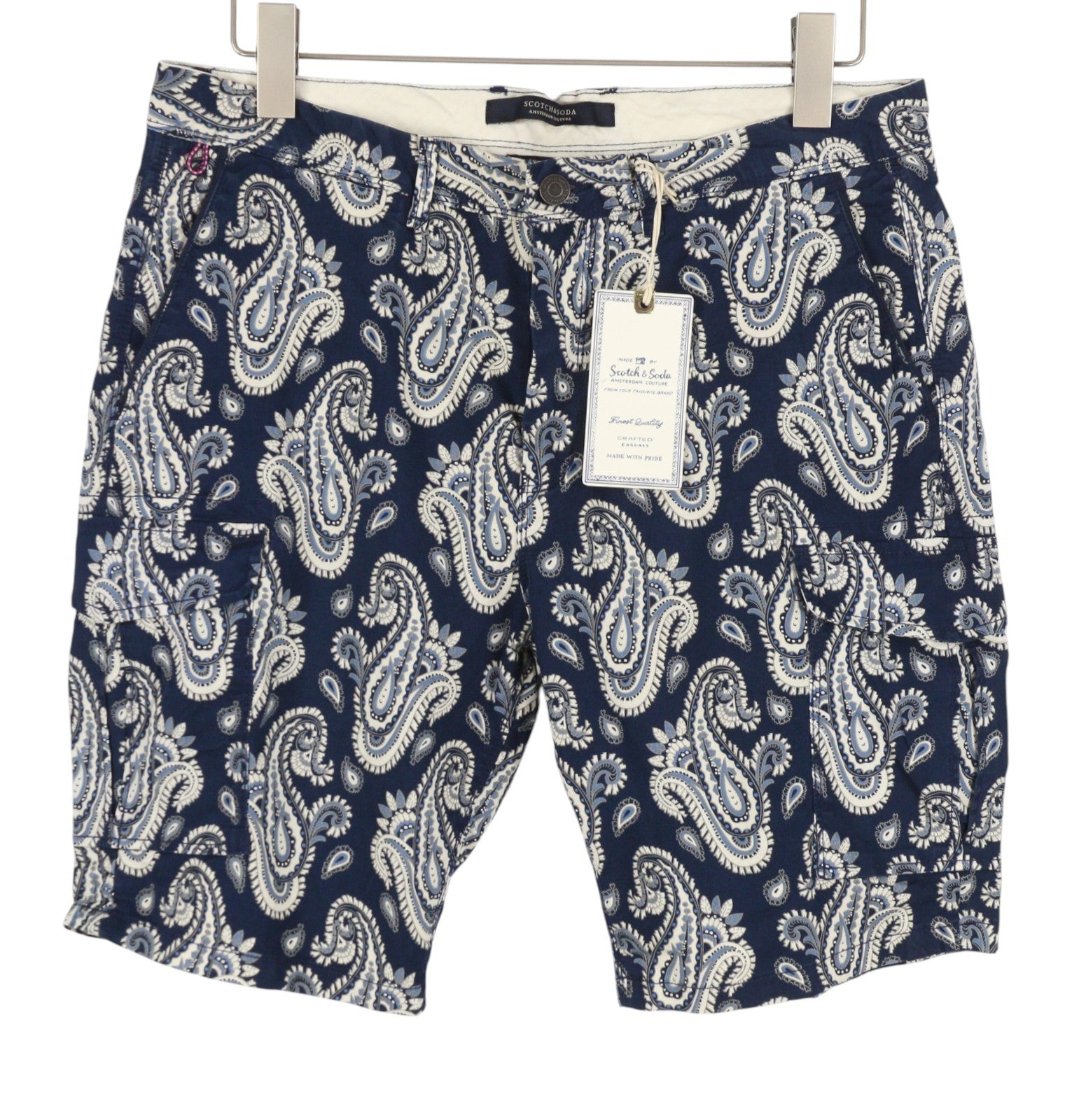 SCOTCH & SODA Men Shorts W33 Blue Paisley Pattern Zip Fly Cargo Pockets