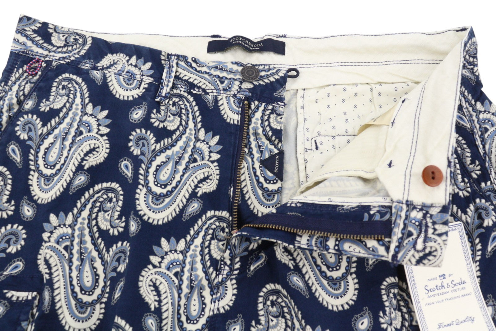 SCOTCH & SODA Men Shorts W33 Blue Paisley Pattern Zip Fly Cargo Pockets