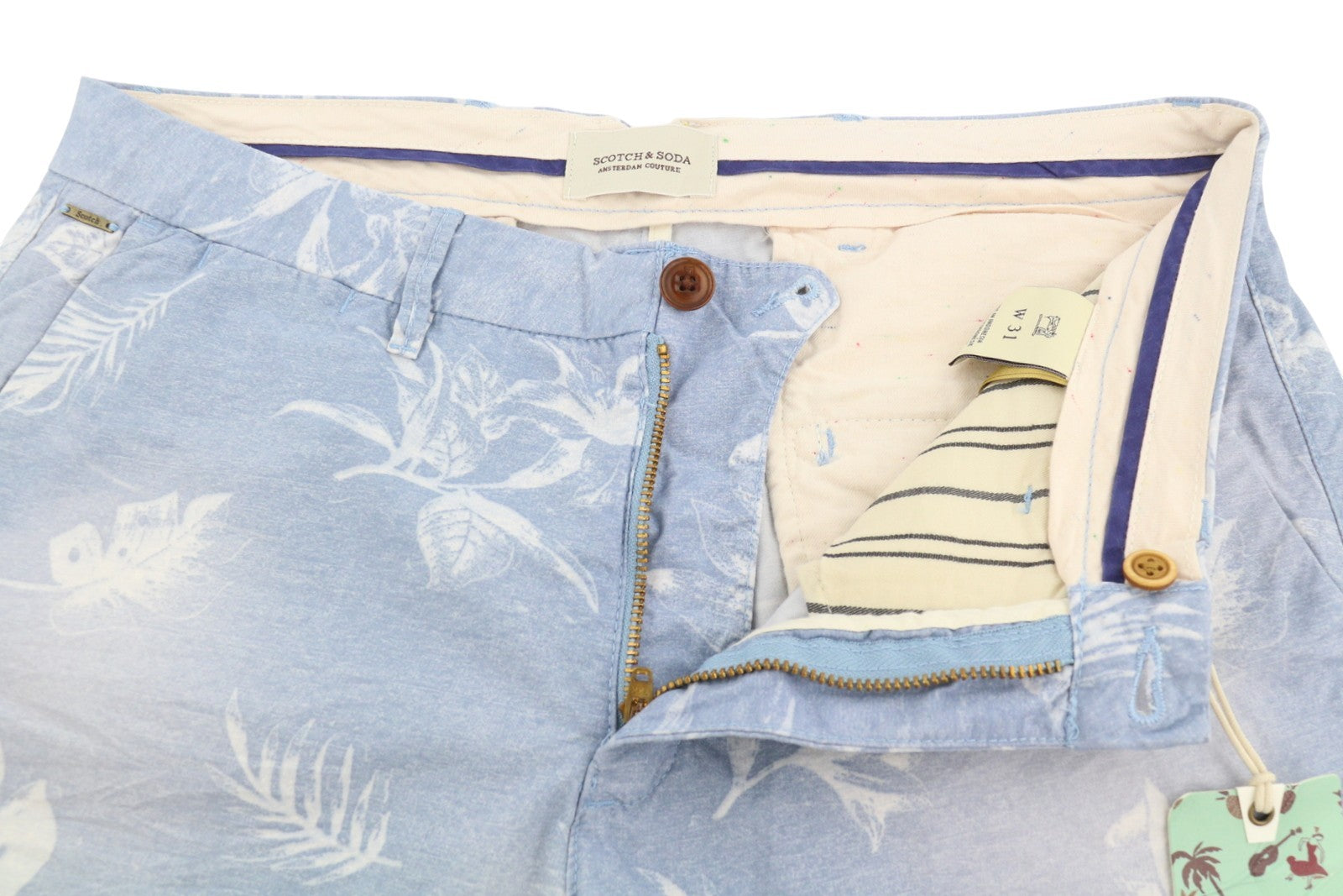 SCOTCH & SODA Men Shorts W31 Blue Floral Print Faded Zip Fly Chino