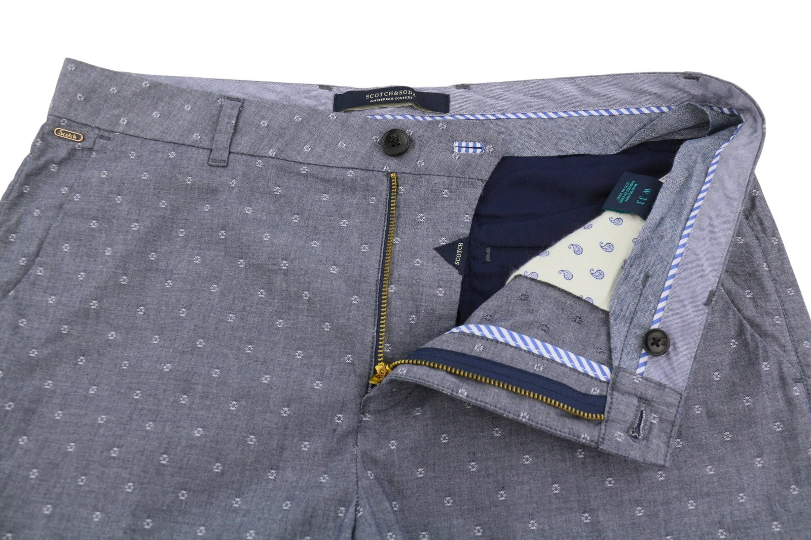 SCOTCH & SODA Men Shorts W33 Dark Blue Embroidered Patterned Chino