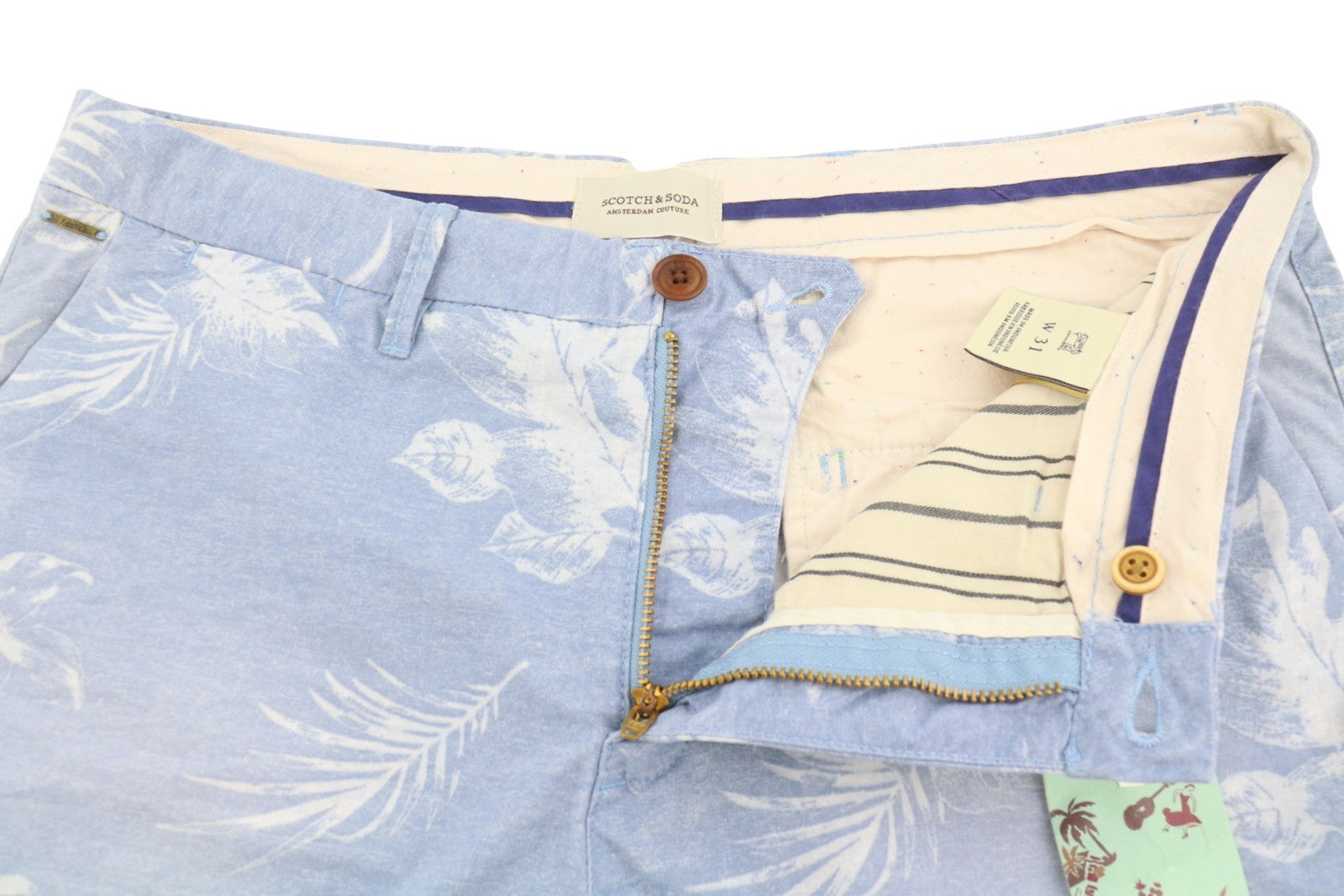 SCOTCH & SODA Men Shorts W31 Blue Floral Print Faded Zipper Chino