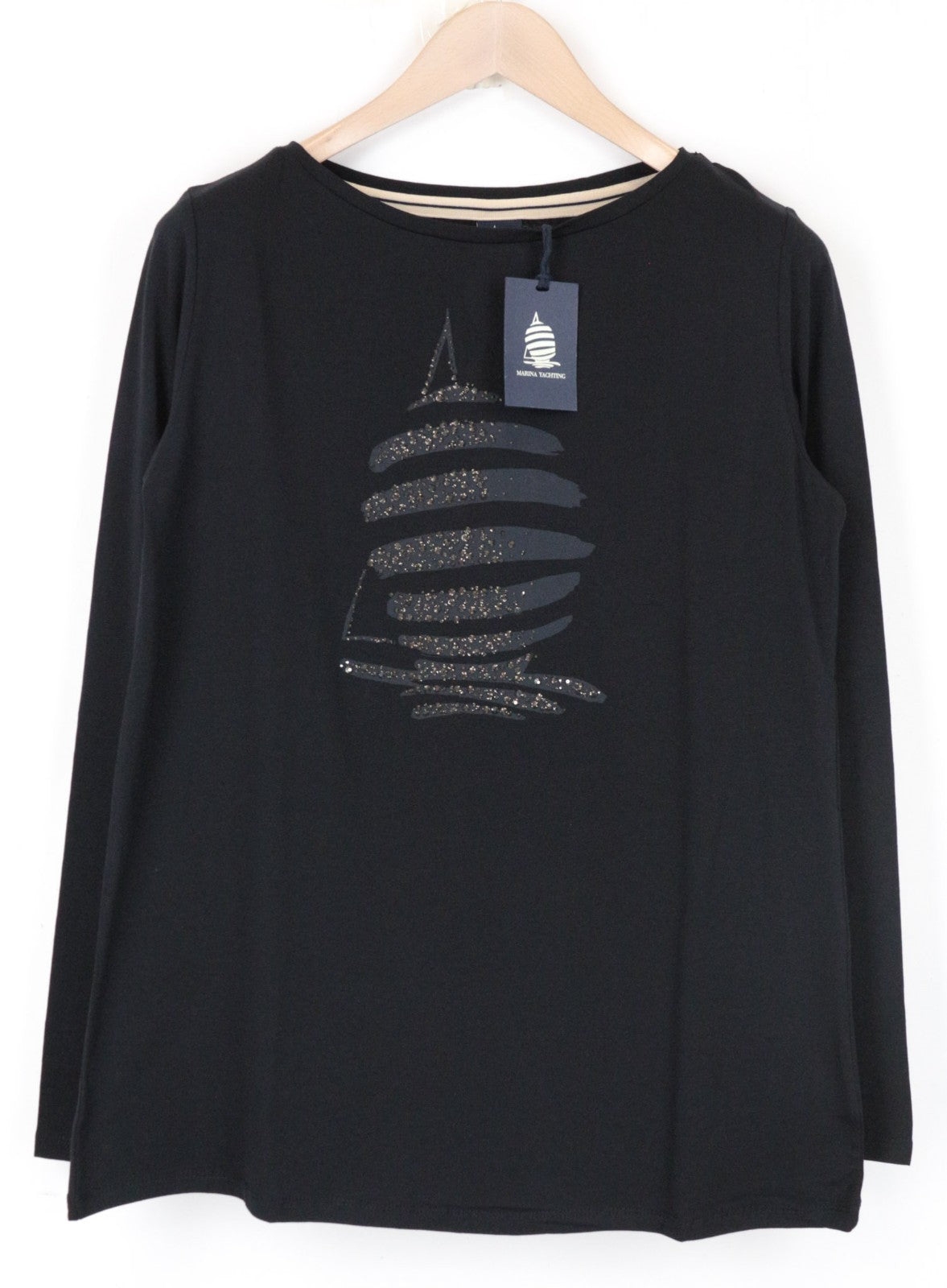 MARINA YACHTING Women T-Shirt L Black Cotton Stretch Studs Long Sleeved