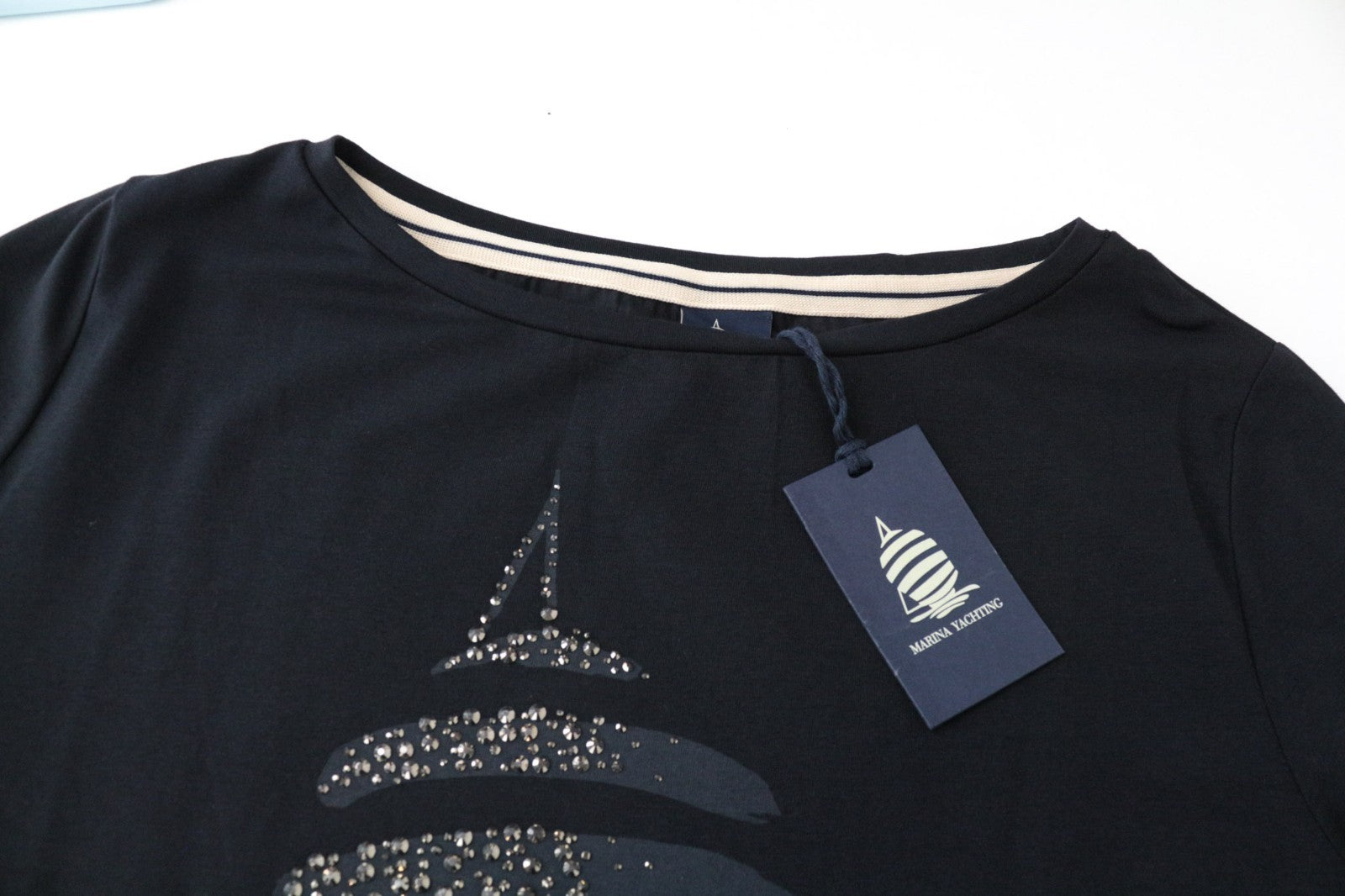 MARINA YACHTING Women T-Shirt L Black Cotton Stretch Studs Long Sleeved