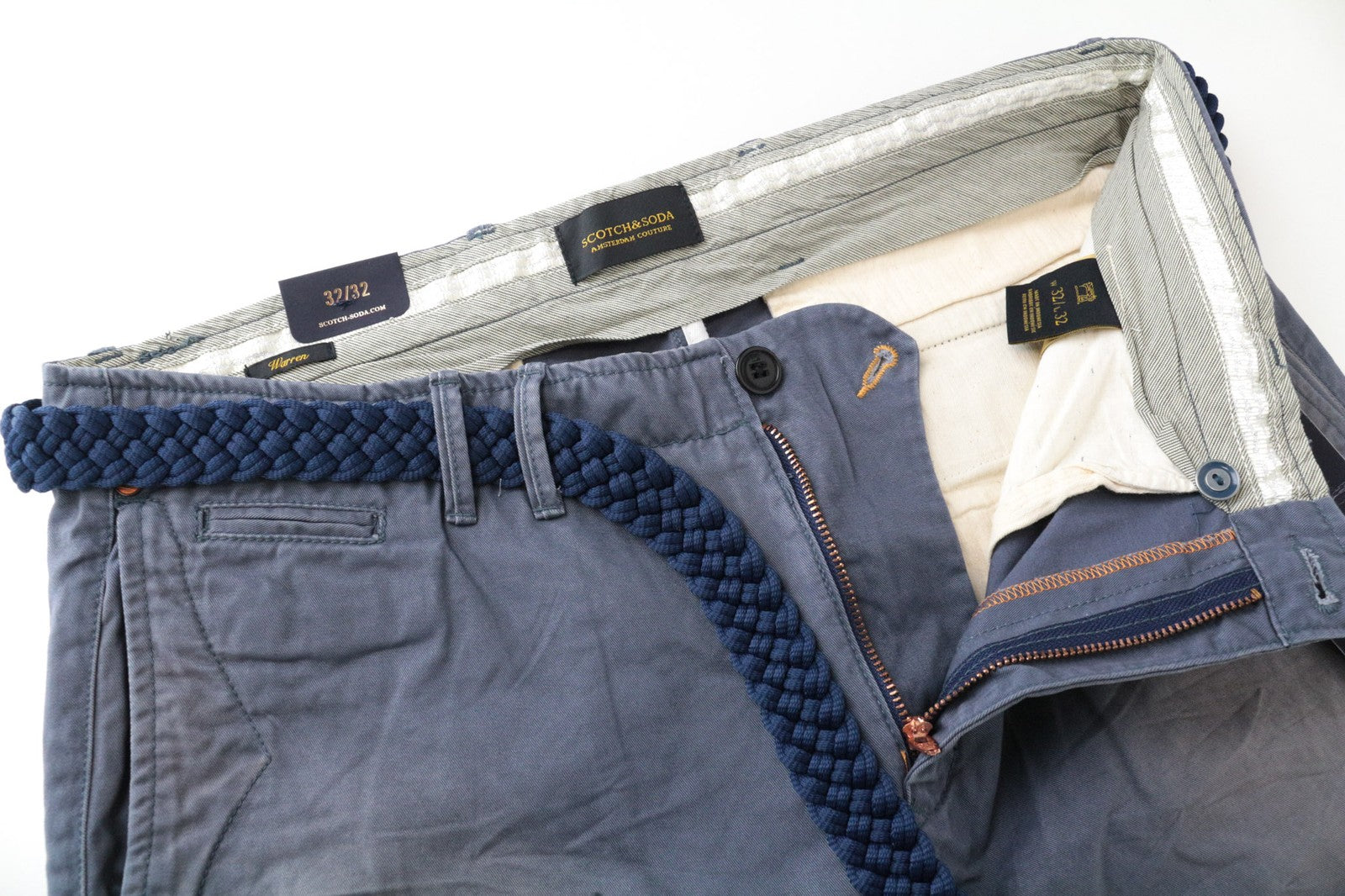 SCOTCH & SODA Warren Men Trousers W32/L32 Relaxed Slim Fit Blue Cotton Belted
