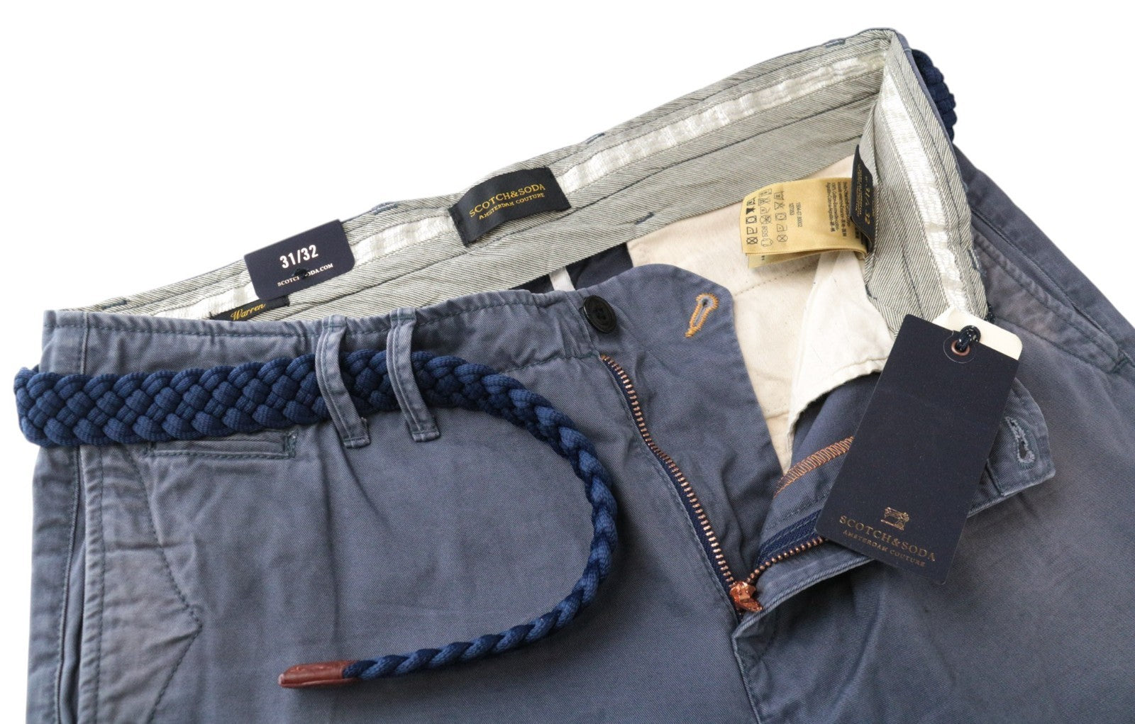 SCOTCH & SODA Warren Men Trousers W32/L32 Blue Relaxed Slim Pure Cotton Washed