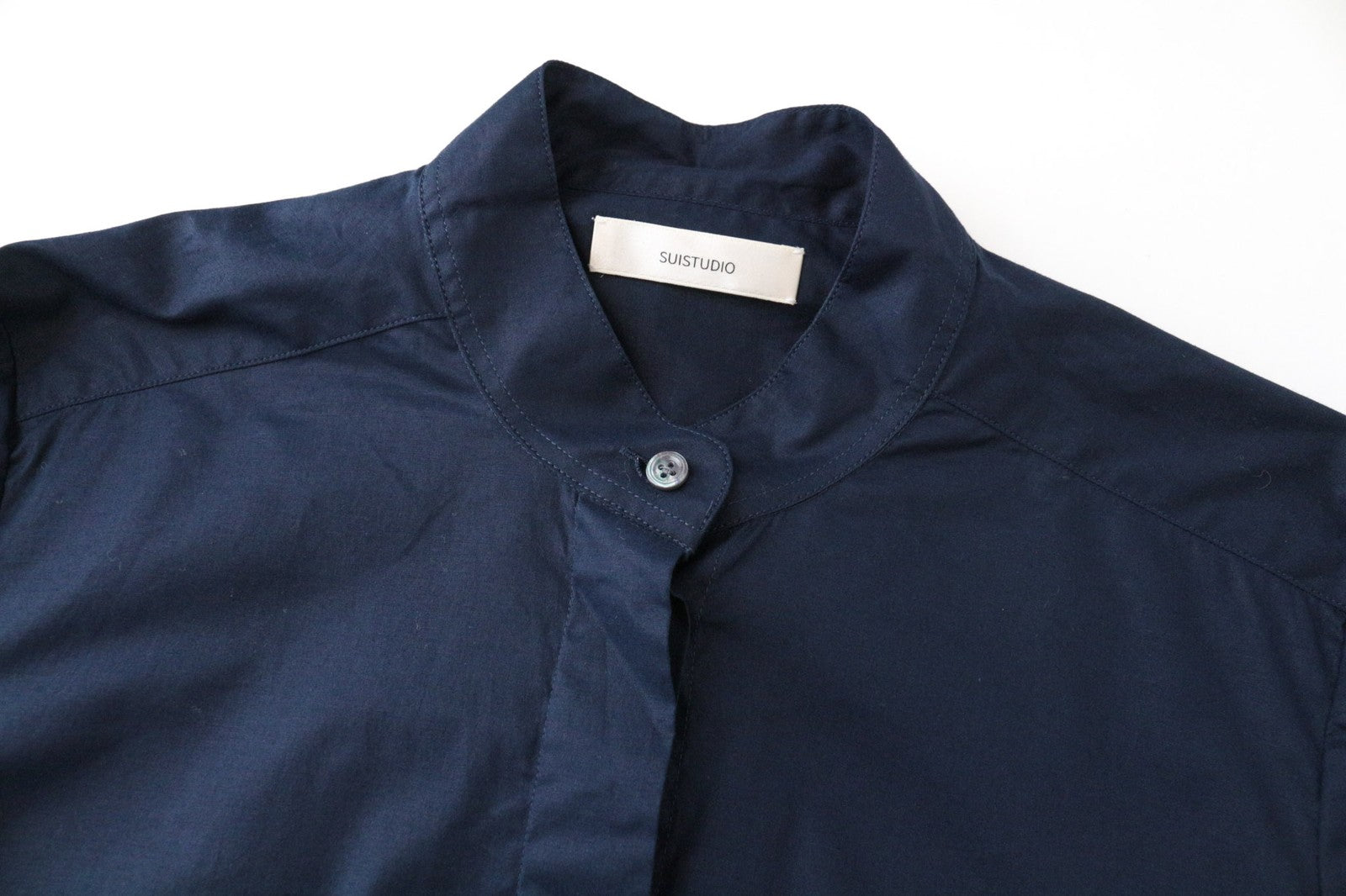 SUISTUDIO Women Shirt 34R XS Navy Blue Frilled Sleeves Cotton Linen Classic