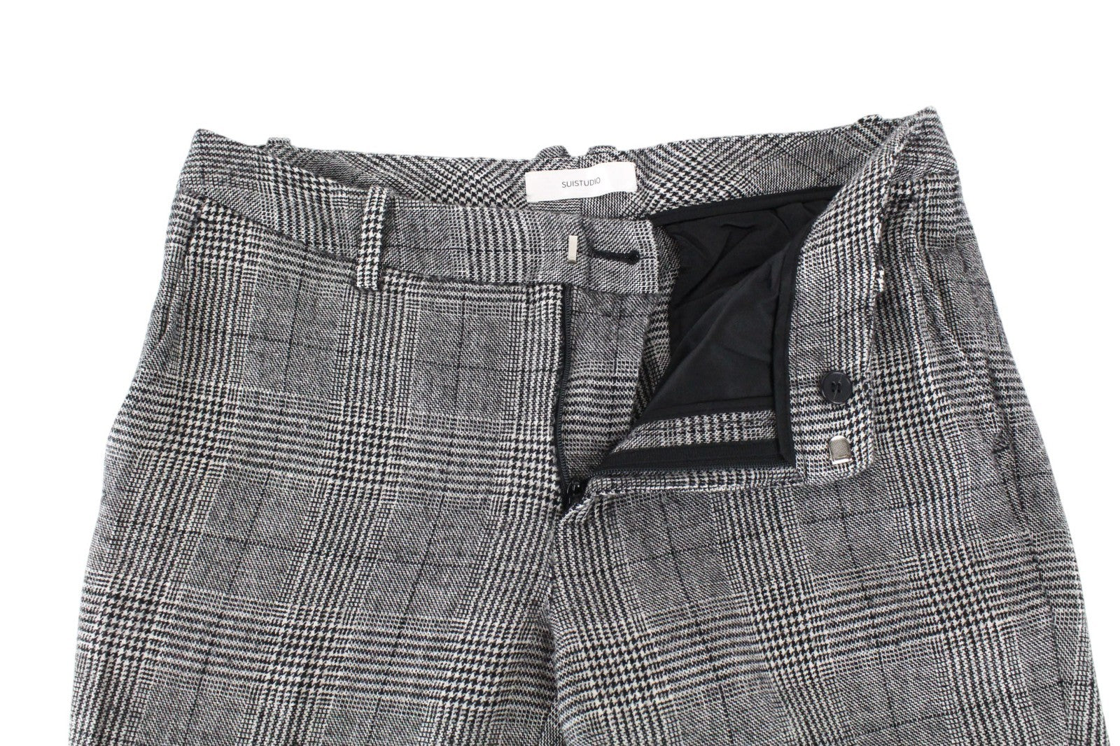 SUISTUDIO Grey Women Trousers UK10S W31 Grey Wool Silk Linen Pleated Checked