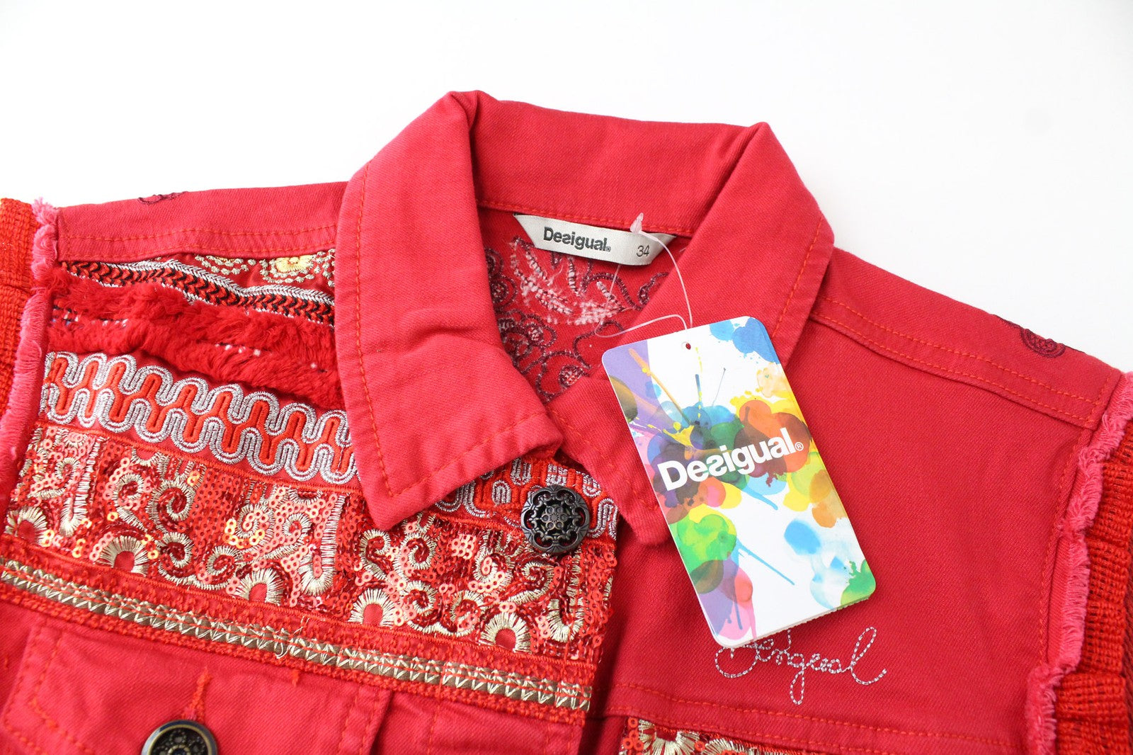 DESIGUAL Kyle Women Jacket UK6 XS Red Cotton Blend Knitted Sleeves