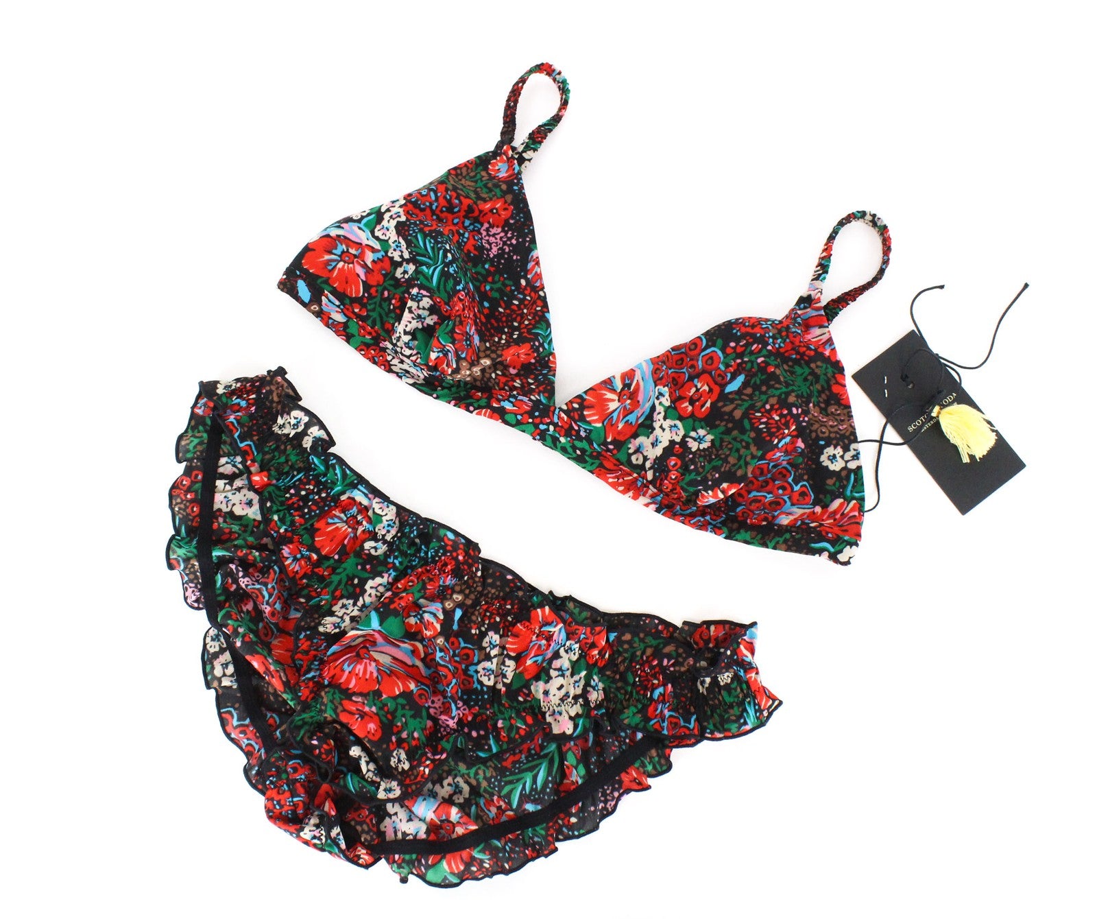MAISON SCOTCH Women Underwear S Red Flower Patterned Bralette Panties 2 Piece