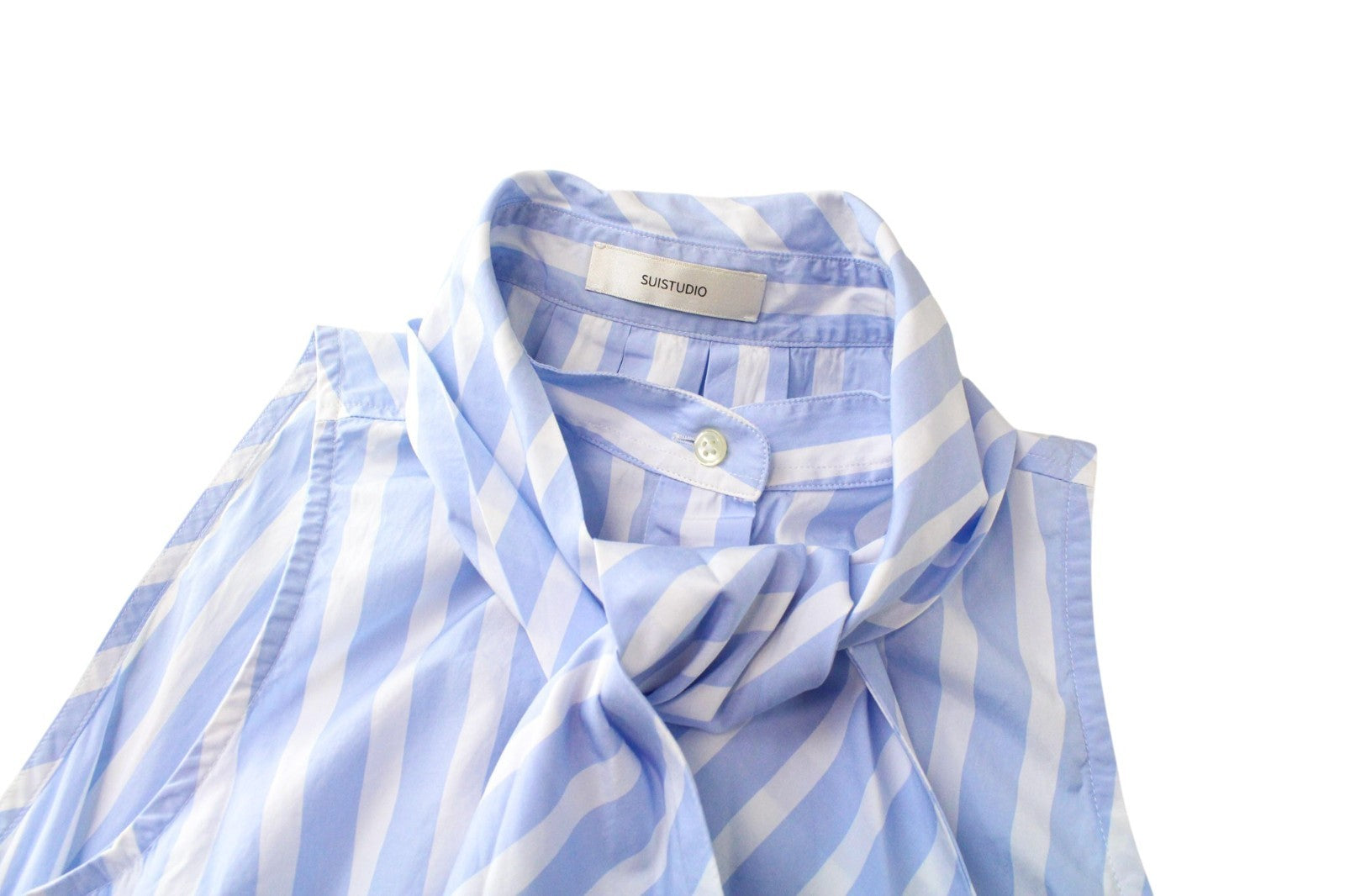 SUISTUDIO Asher Women Top UK6R 2XS Blue Striped Melange Striped Bowtie Cotton