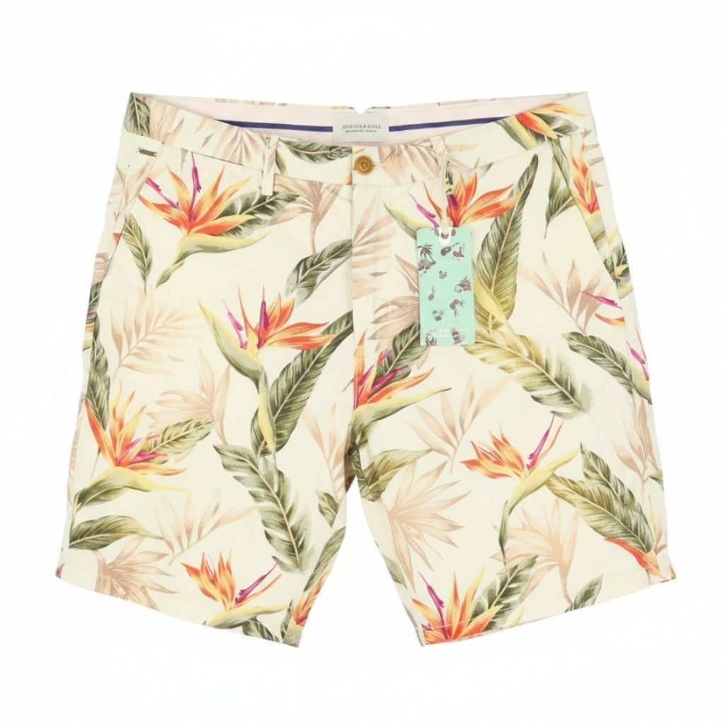 SCOTCH & SODA Men Shorts W32 Beige Leafs Print Cotton Zip Fly Chino