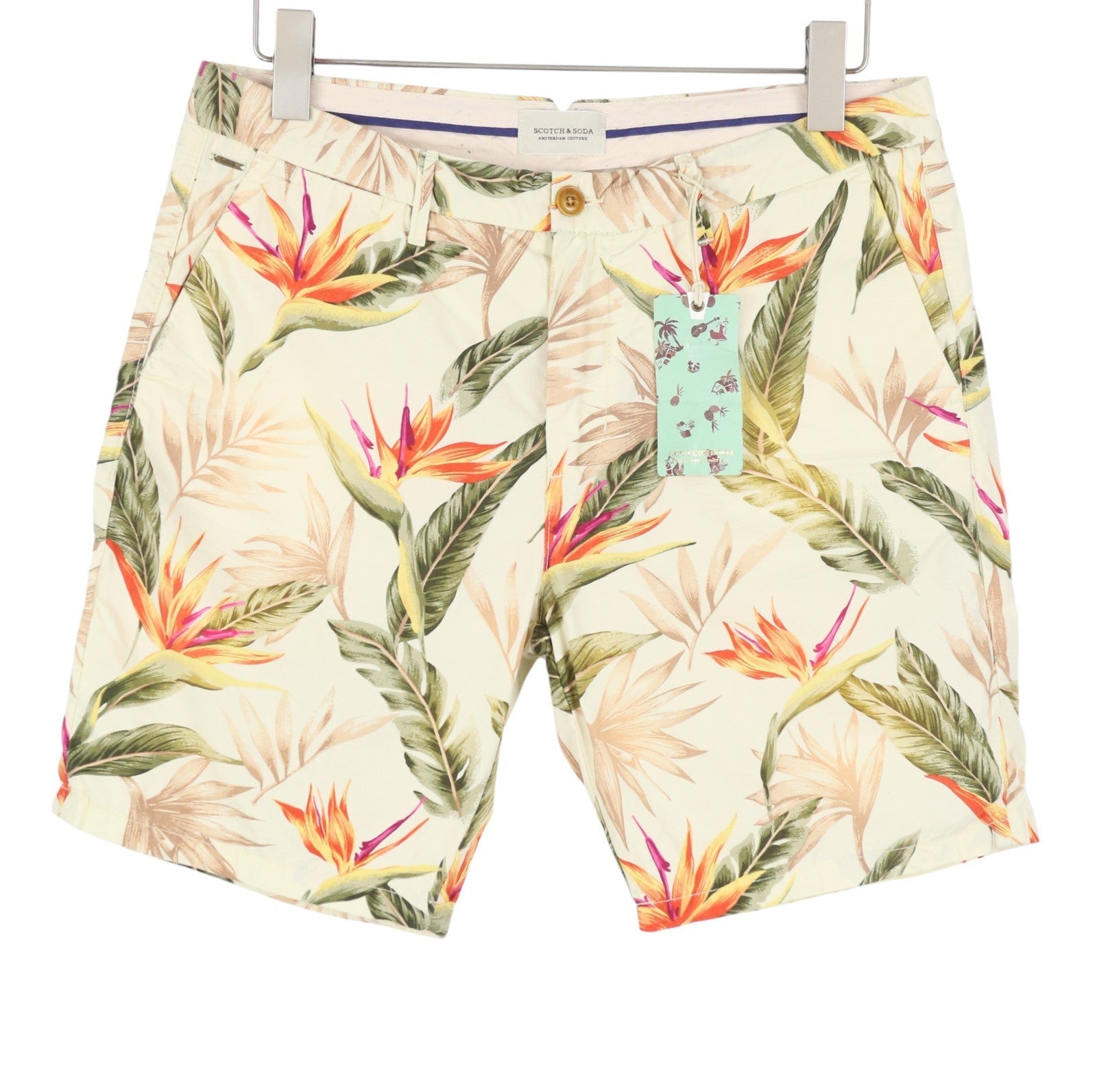 SCOTCH & SODA Men Shorts W32 Beige Leafs Print Cotton Zip Fly Chino
