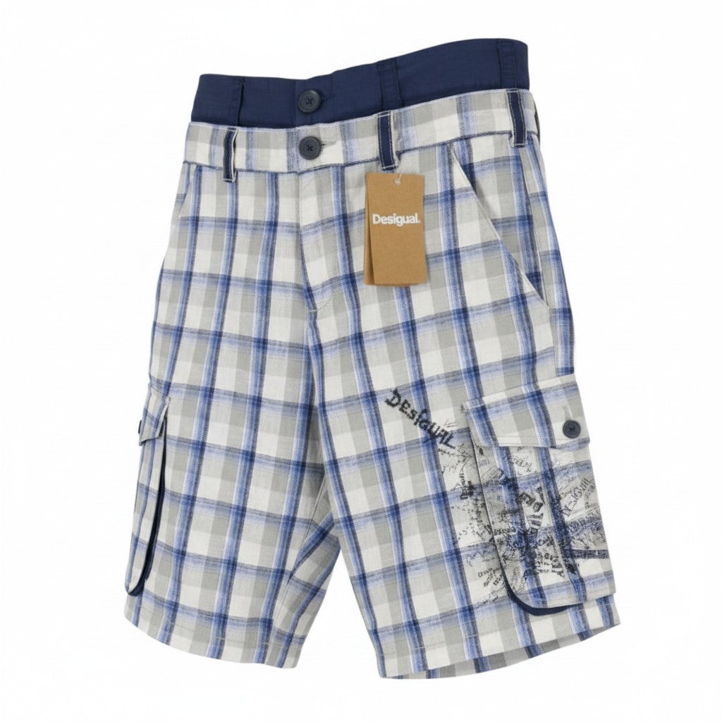 DESIGUAL Paul Men Shorts W28 Grey Linen Blend Check Belted Zip Fly Cargo