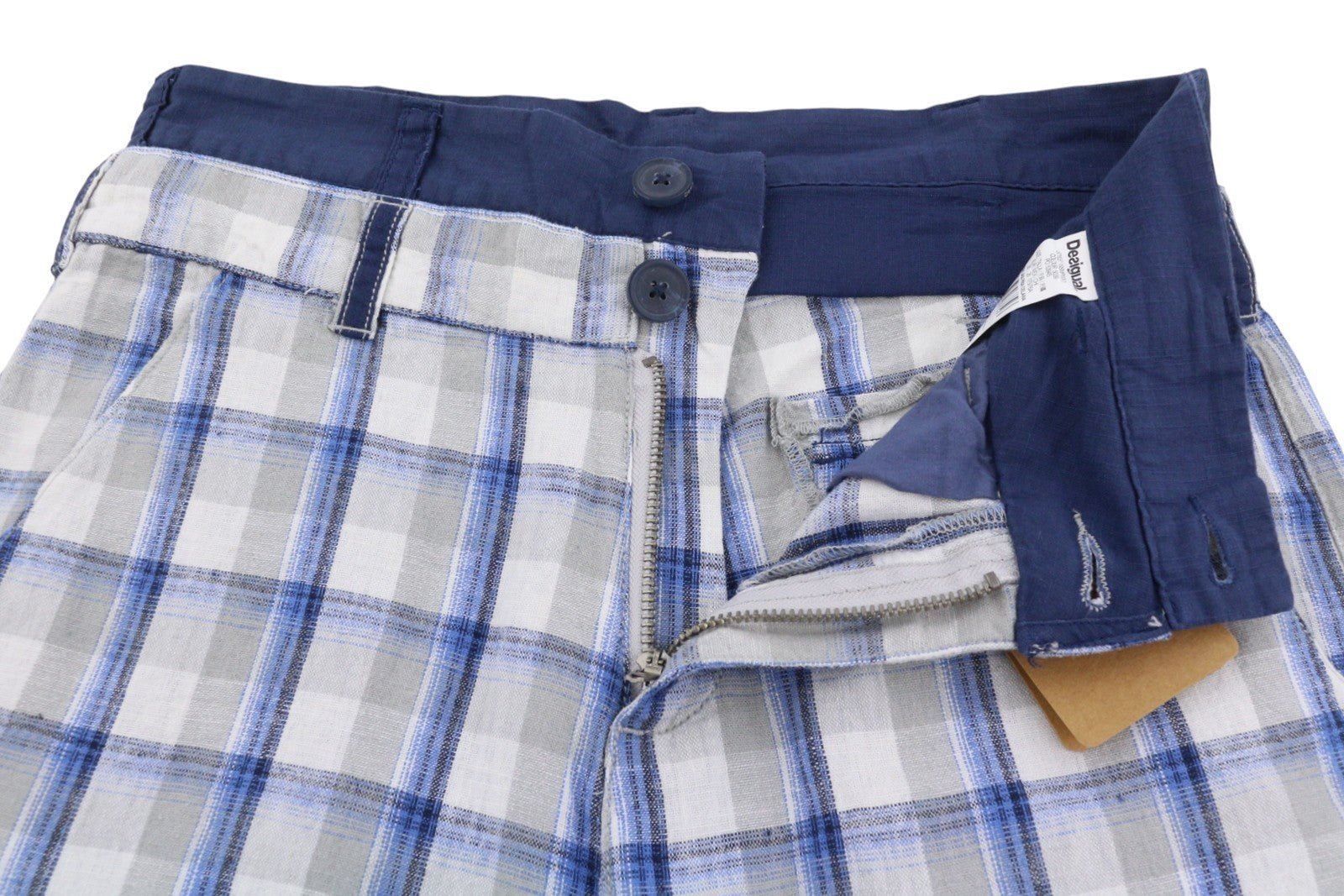 DESIGUAL Paul Men Shorts W28 Grey Linen Blend Check Belted Zip Fly Cargo