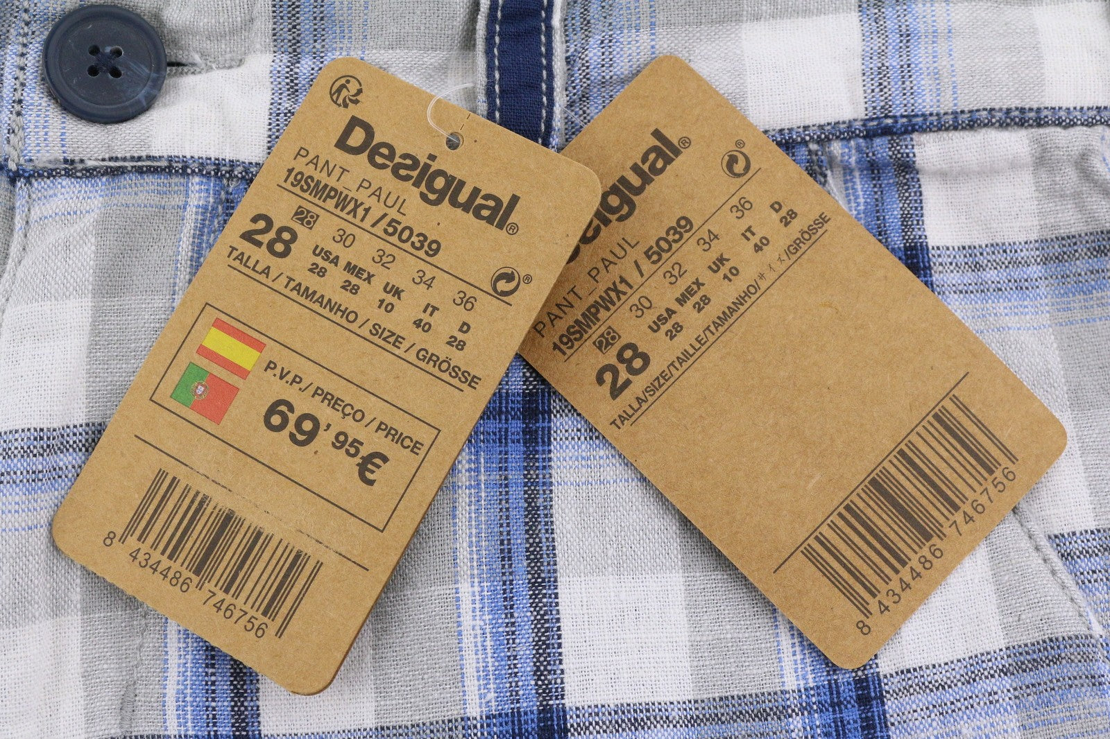 DESIGUAL Paul Men Shorts W28 Grey Linen Blend Check Belted Zip Fly Cargo