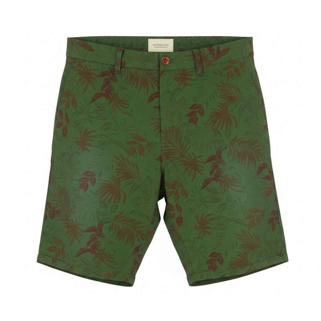 SCOTCH & SODA Men Shorts W33 Green Leafs Pattern Garment Dyed Chino