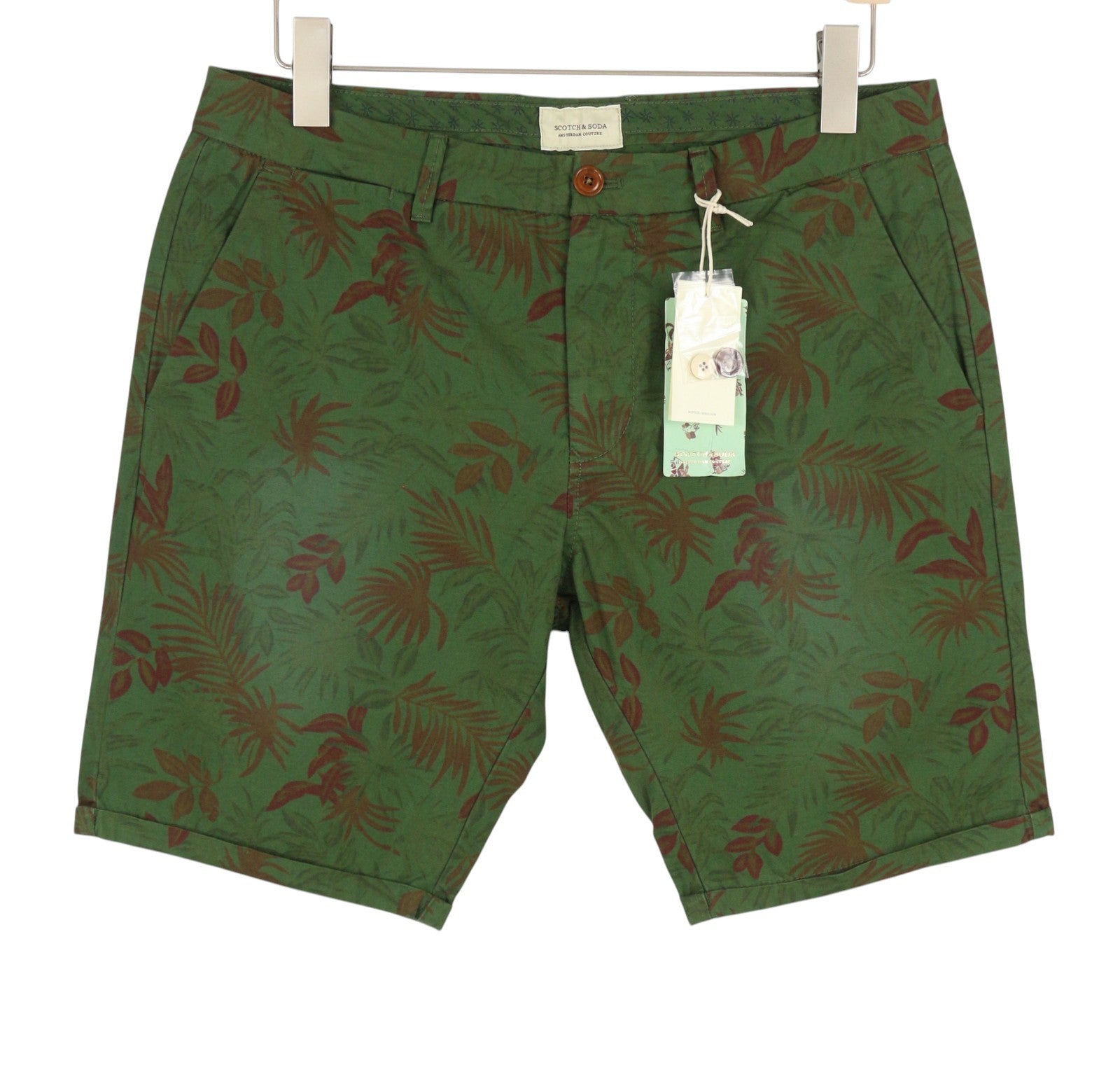 SCOTCH & SODA Men Shorts W33 Green Leafs Pattern Garment Dyed Chino