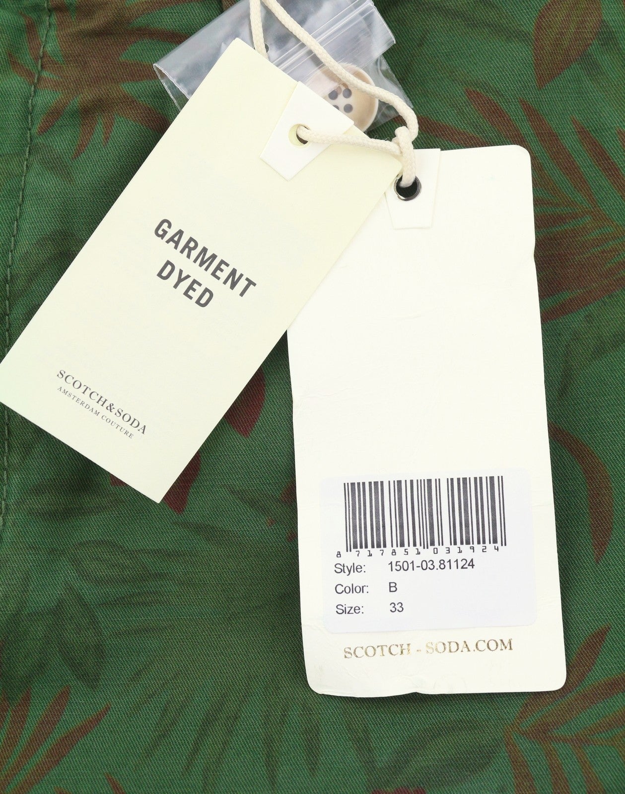 SCOTCH & SODA Men Shorts W33 Green Leafs Pattern Garment Dyed Chino