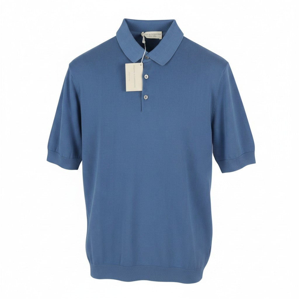 FILIPPO DE LAURENTIIS Men Polos IT54 XL Blue Cotton Half Button Short Sleeve