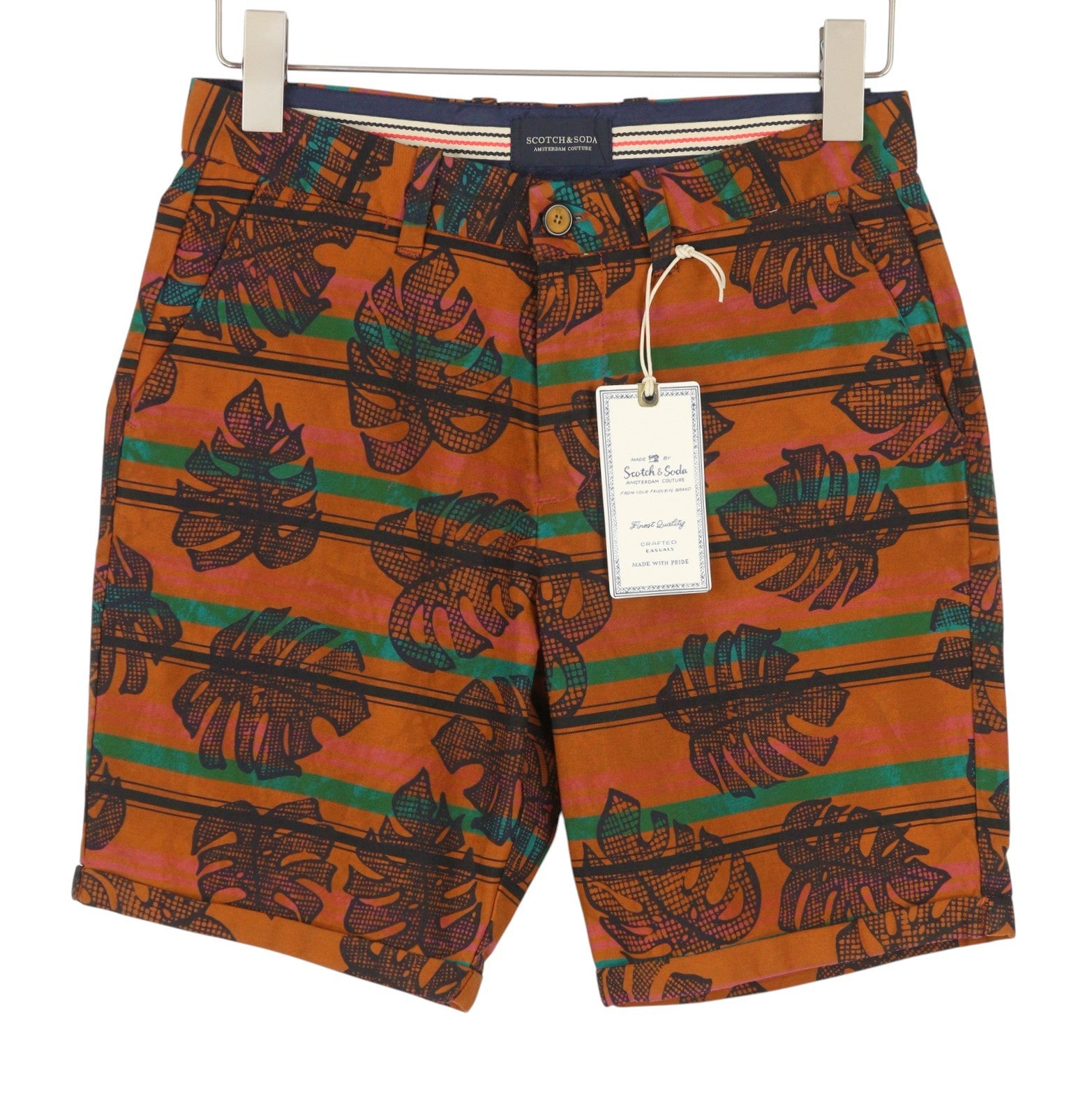 SCOTCH & SODA Men Shorts W28 Orange Leafs Striped Print Cotton Zip Fly Chino