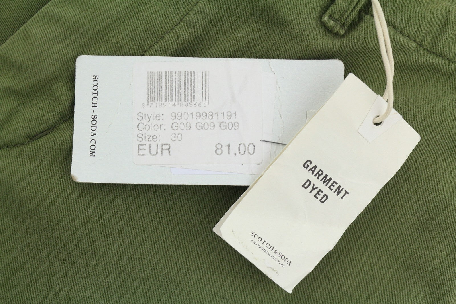 SCOTCH & SODA Men Shorts W30 Green Garment Dyed Zip Fly Chino
