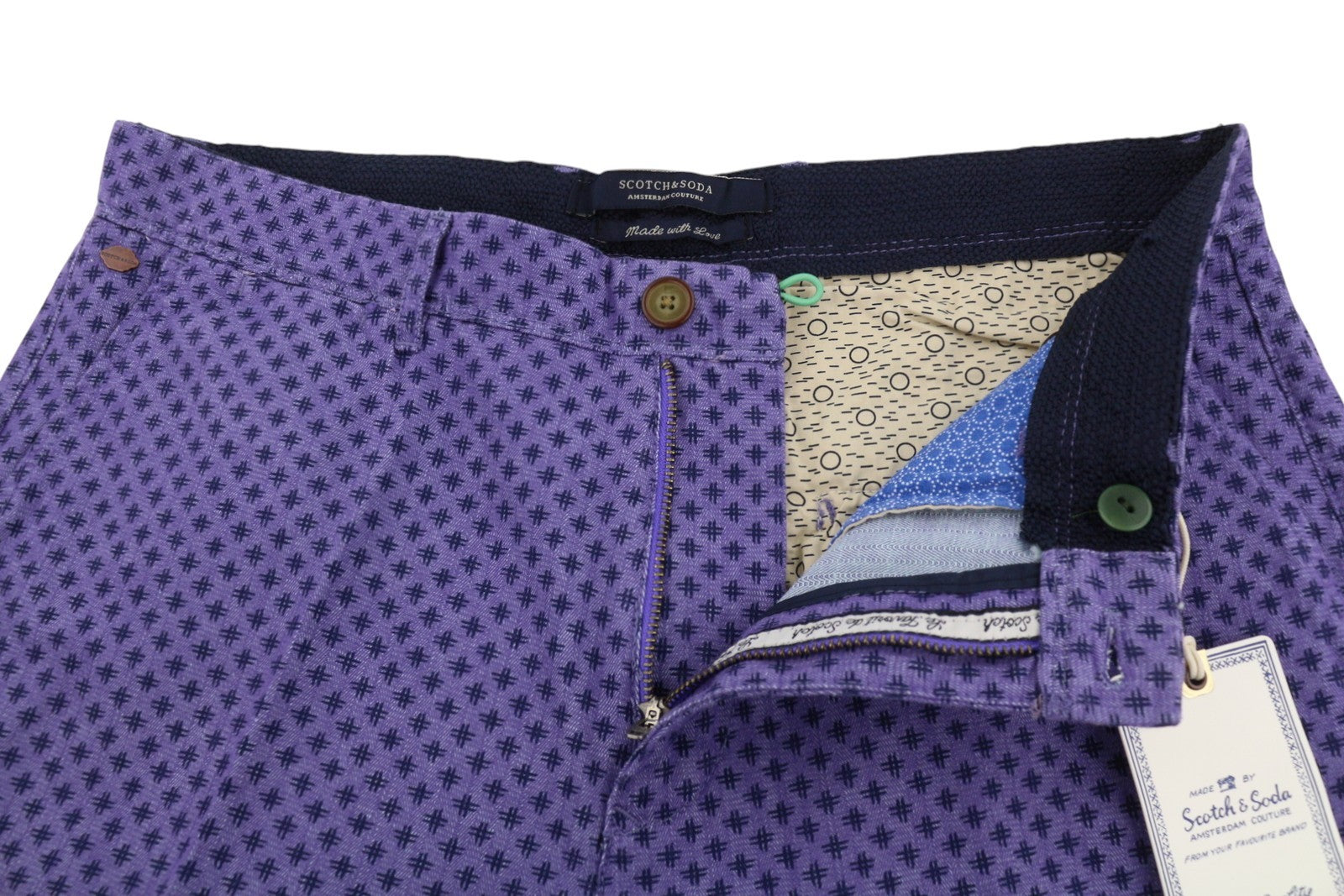 SCOTCH & SODA Men Shorts W32 Purple Patterned Turn Up Zip Fly Chino