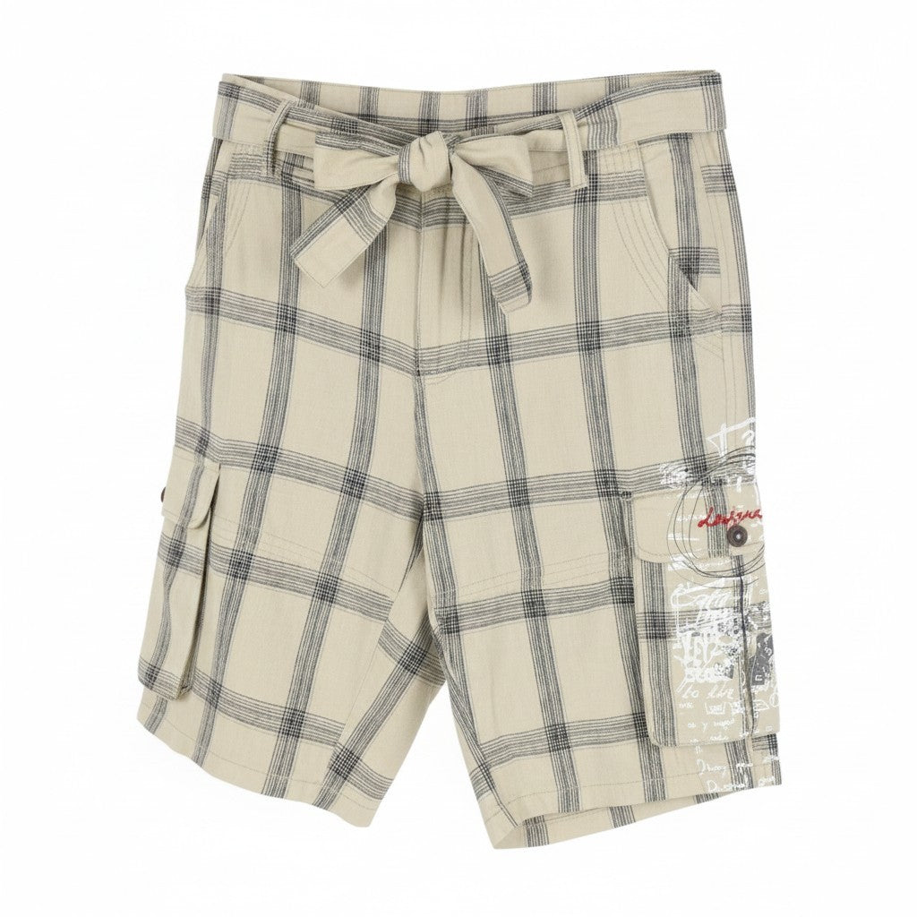 DESIGUAL Marc Men Shorts W28 Beige Linen Blend Check Belted Zip Fly Cargo